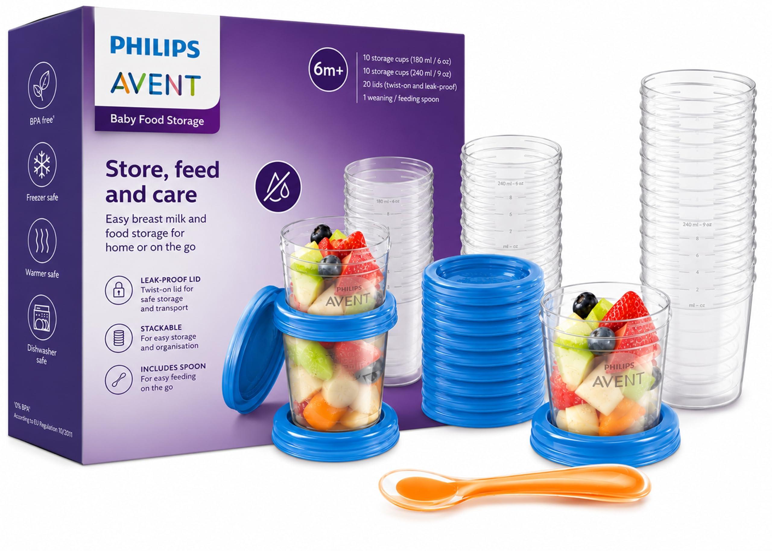 Philips Avent Food Storage Cup Set, BPA-Free Baby Food Storage Containers, Leak-Proof Lids, 180ml & 240ml Cups with Weaning Spoon, Freezer & Microwave Safe (Multicolor) | SCF721/20