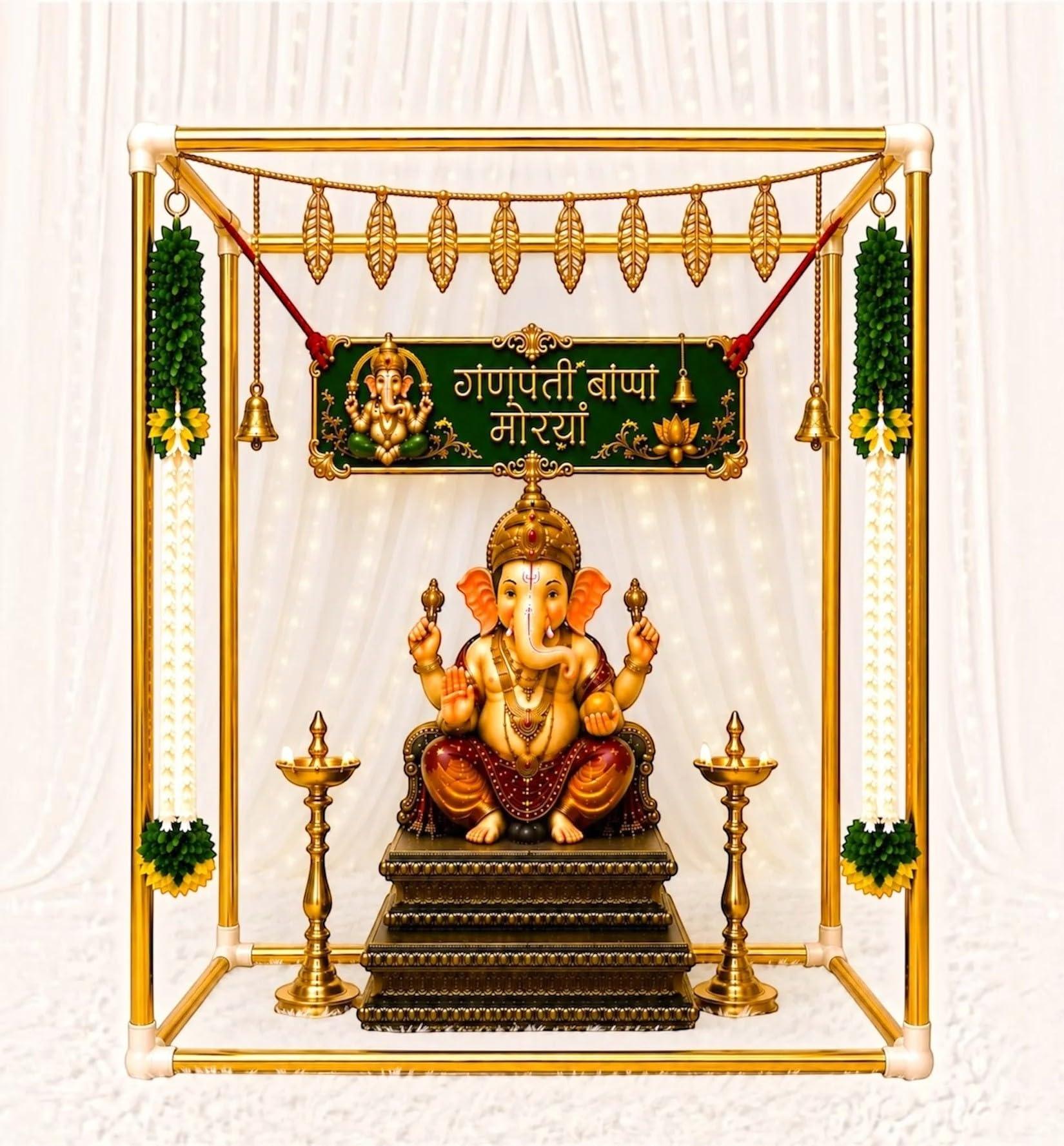 Abhaas Ganesh Chaturthi Decoration 24Pcs DIY Mandap Tent Pandal with Complete Decoration Set – Frame, Garlands, Bandhanwar Toran, Backdrop Board for Ganpati & Janamashtami (20 Inches, Gold)