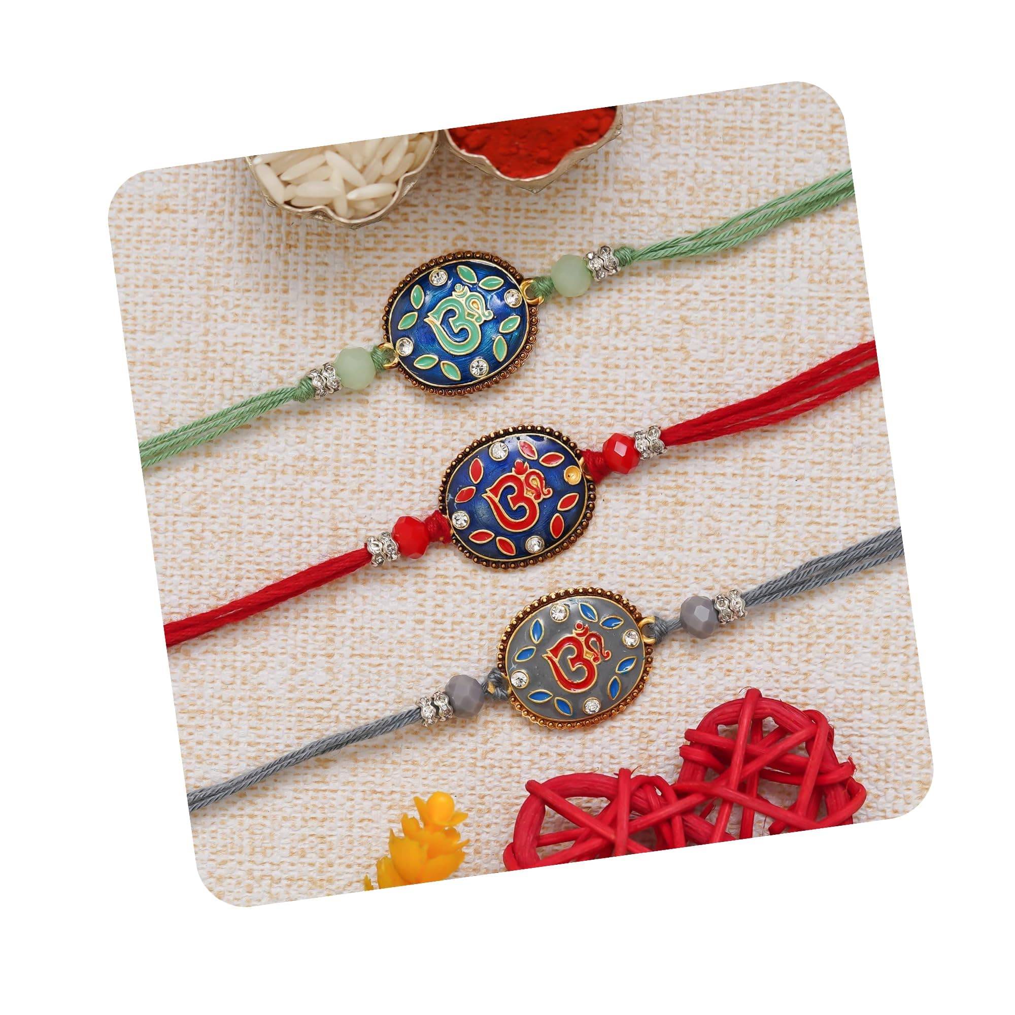 eCraftIndia Multicolor Set of 3 Semi Precious Om Religious Rakhis with Roli Chawal Pack - Rakhi for Brother, Bhaiya, Bhai