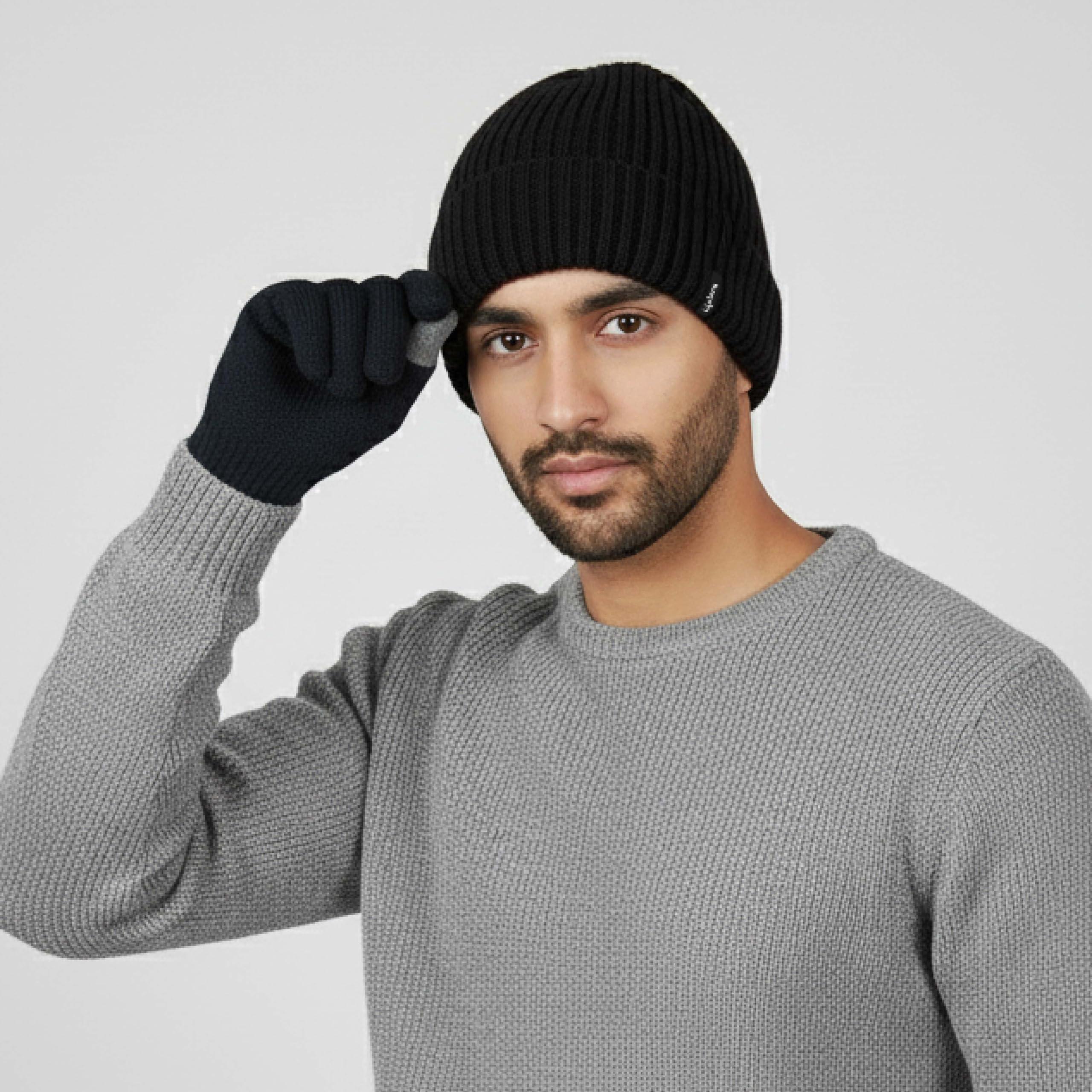 Lifelong Woolen Cap & Glove | Winter Cap and Gloves Set for Men & Women | Woolen Thermal Beanie and Knitted Touchscreen Gloves | Soft Warm Unisex Winter Accessories | Black