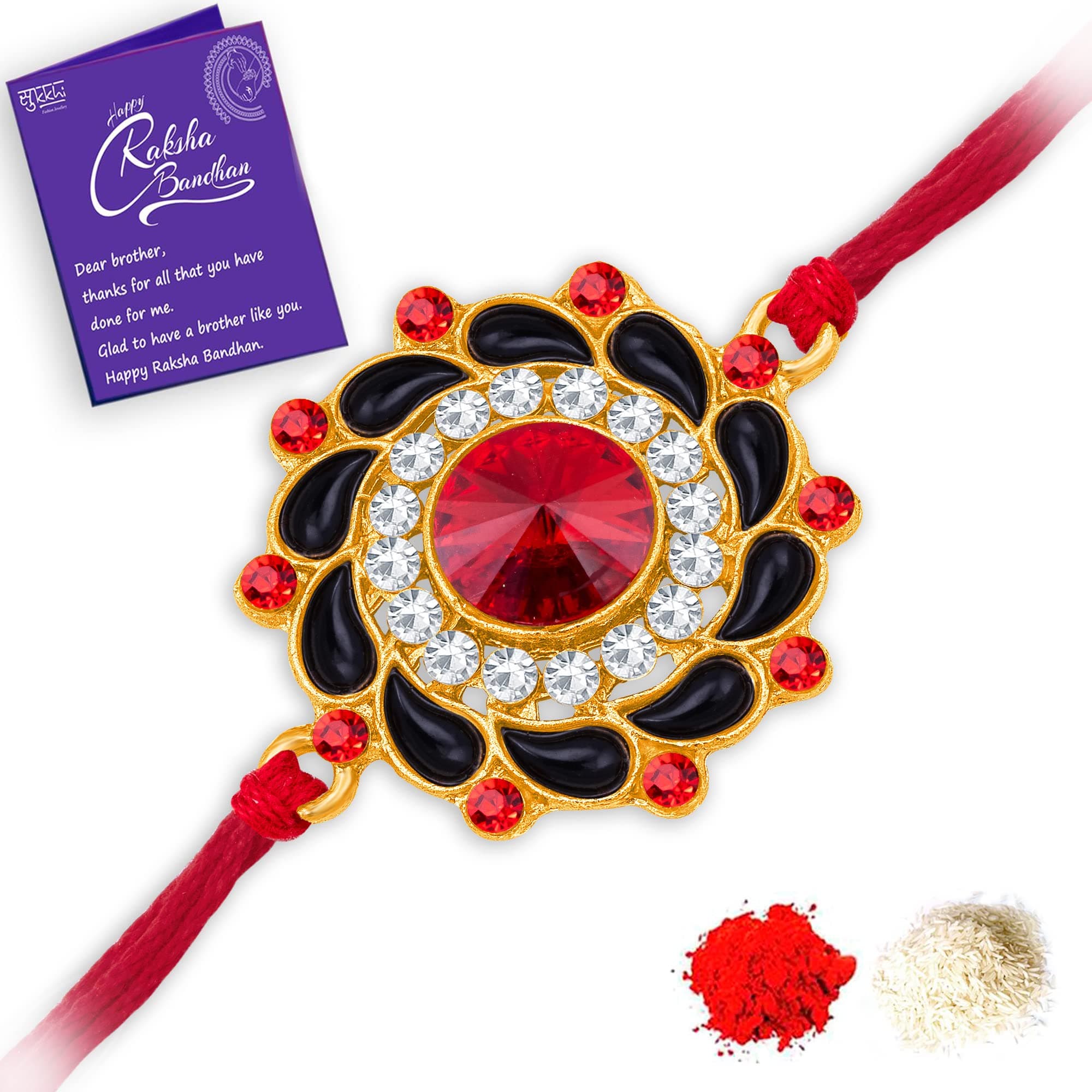 Sukkhi Magnifecent Kundan Designer Gold Plated Premium Rakhi for Brother With Roli Chawal & Greeting Card | Rakhi for Bhaiya and Men | Kundan