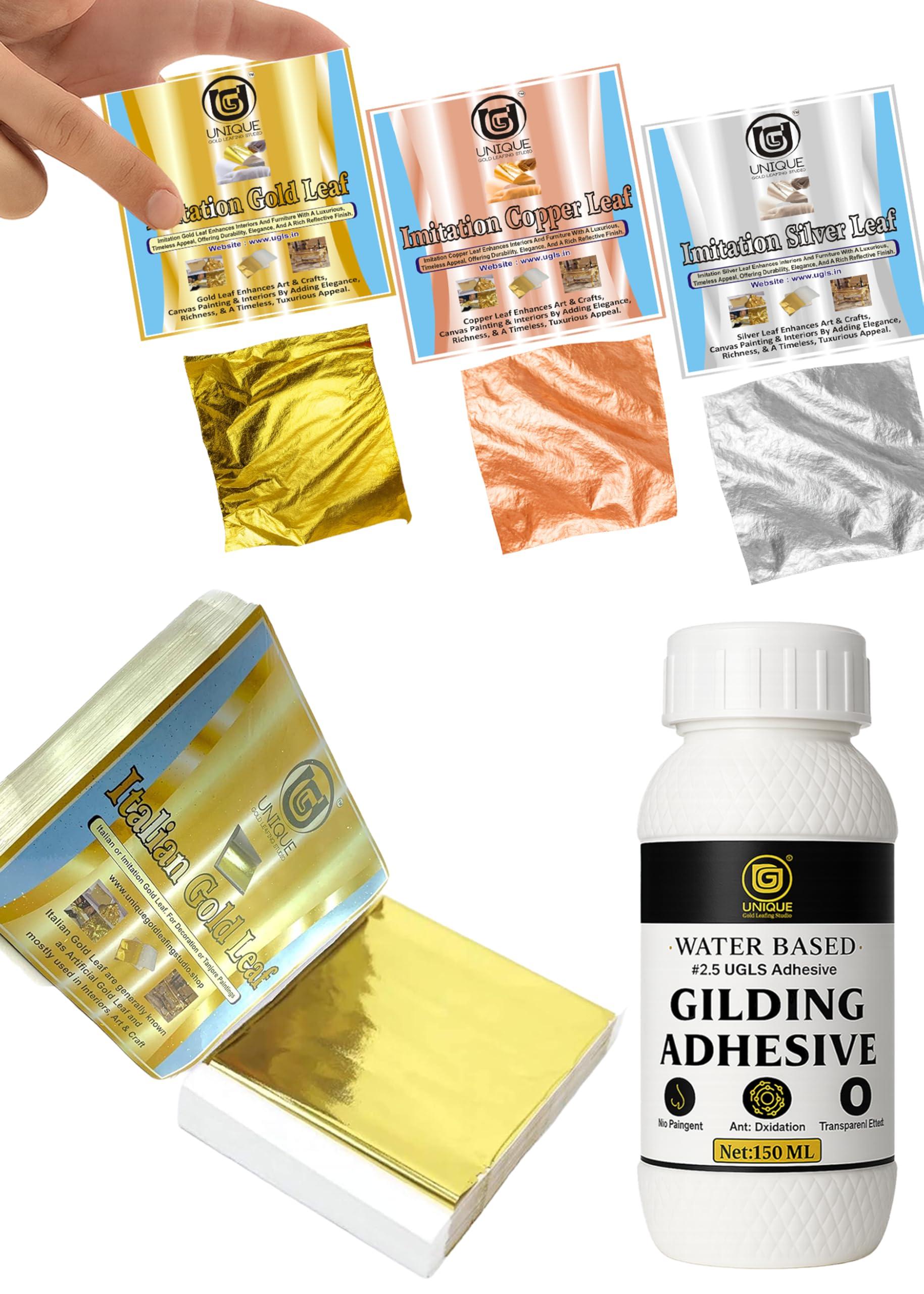UGLS Gold Leaf Gilding Kit – Italian Gold Leaf 14x14 cm (50 Sheets) + Imitation Gold, Silver & Copper Leaf 8x8 cm (300 Sheets) with 150 ml Adhesive Glue |