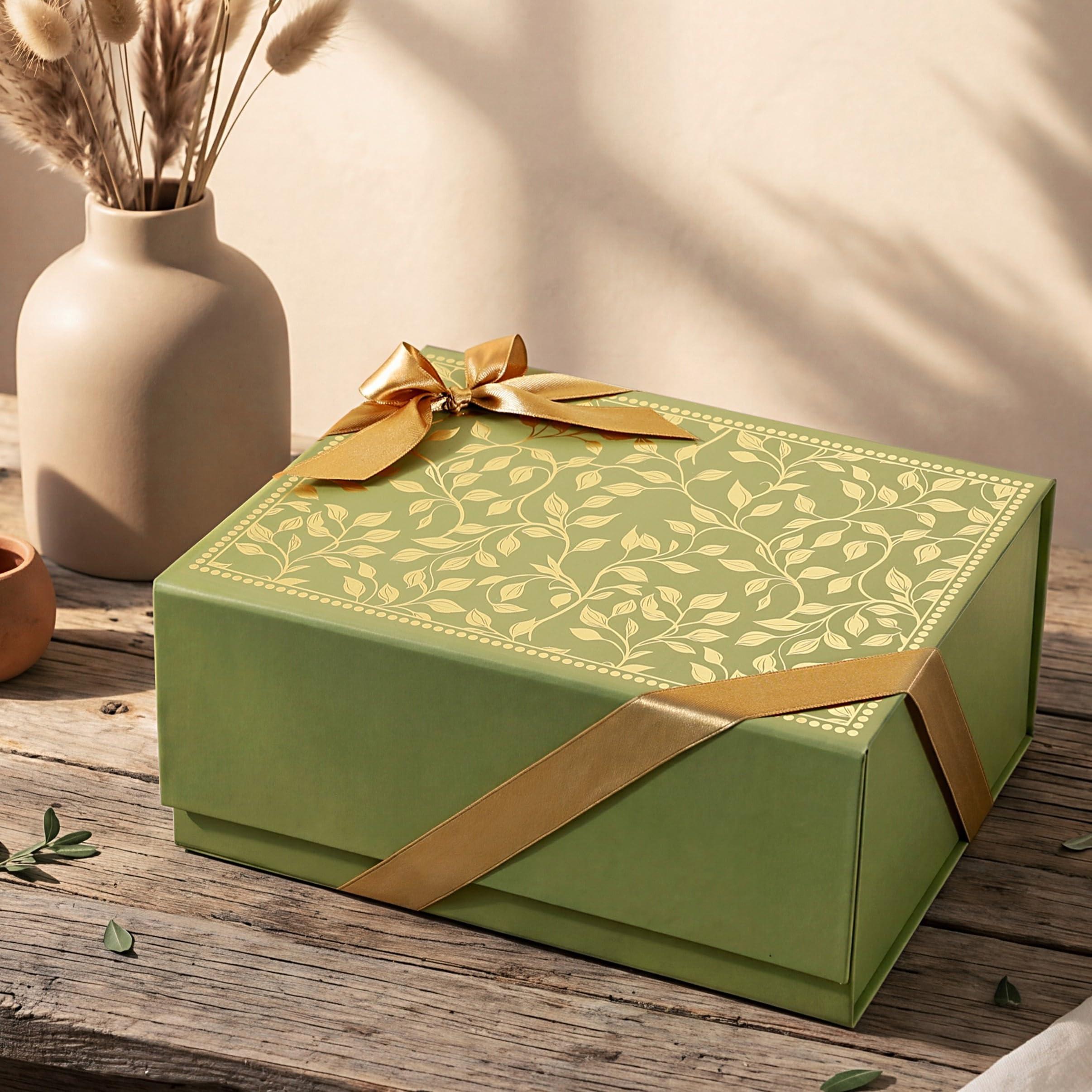 Pink Paper Co. Luxurious Gift Box for Packing Hampers with Ribbon | Gold Foil Printing | Pack of 1 Empty Box | Magnetic Closure | 22.5x16x10 cm (Green)