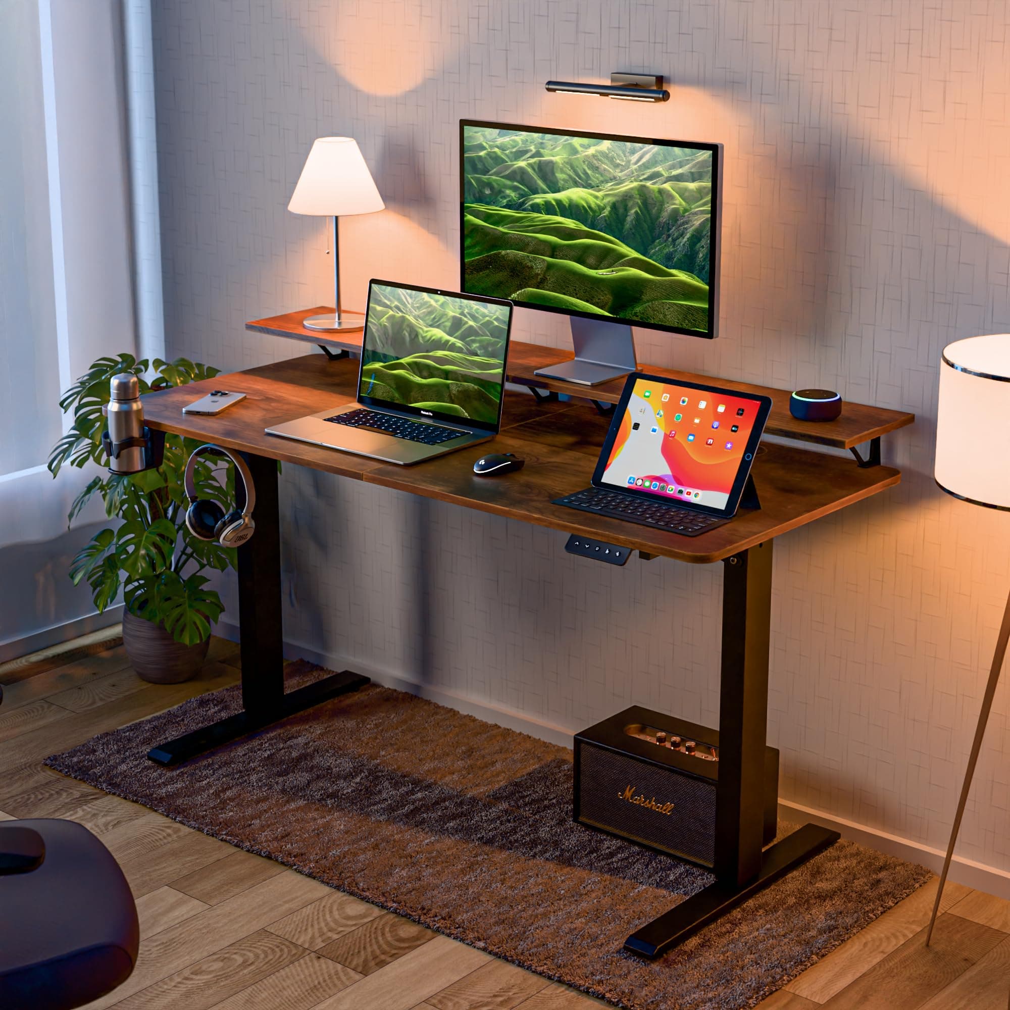 Green Soul Elevate Height Adjustable Engineered Wood Table with Monitor Riser | Integrated Organisation | Advance Memory Preset | 3 Year Warranty | Installation Provided (AntiqueWood,1400 x 600 Top)