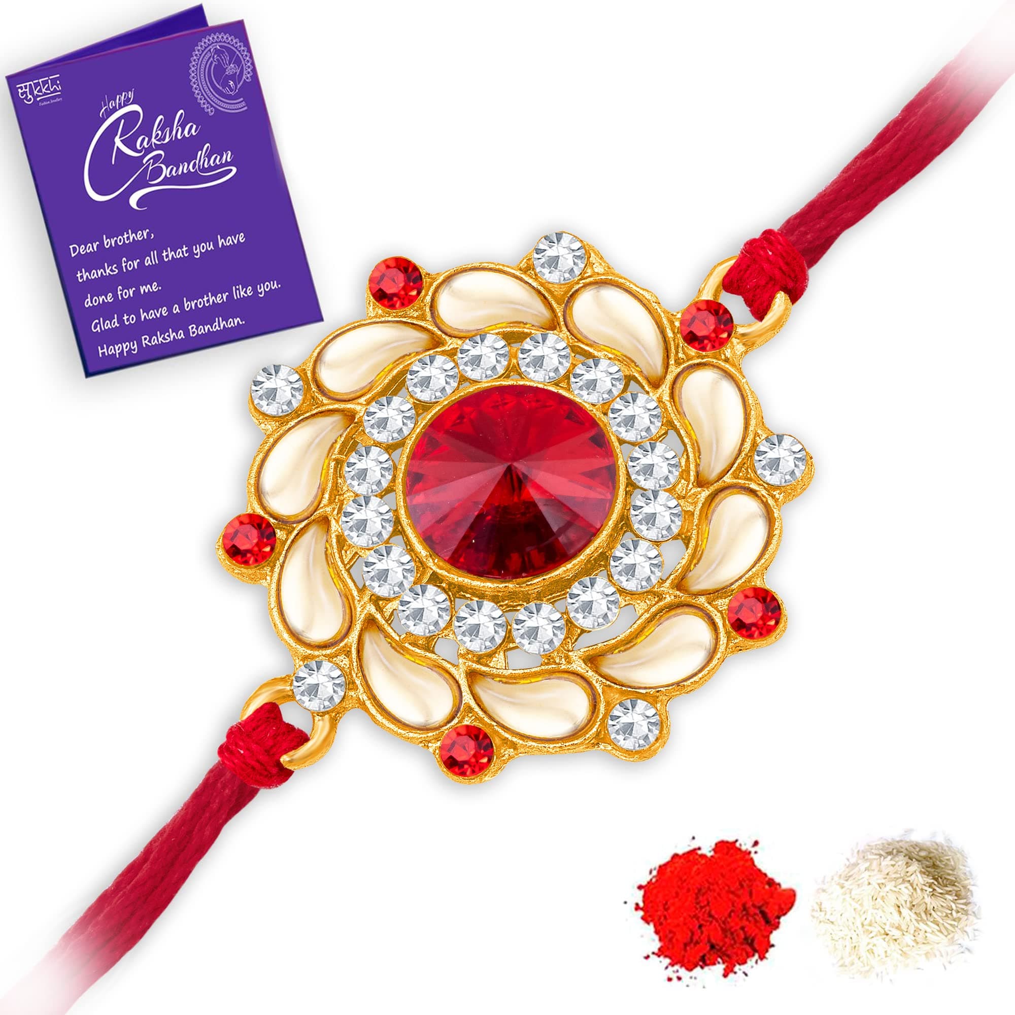 Sukkhi Magnifecent Kundan Designer Gold Plated Premium Rakhi for Brother With Roli Chawal & Greeting Card | Rakhi for Bhaiya and Men | Kundan