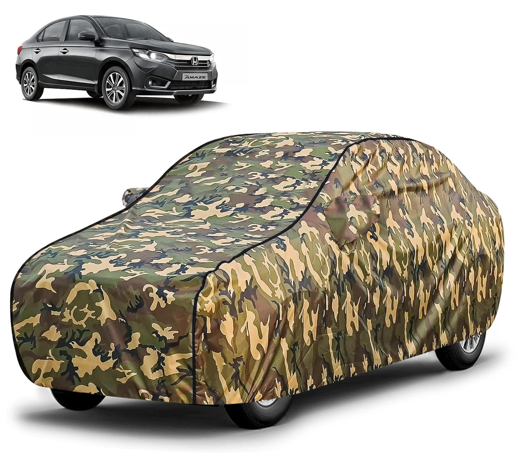 FABTEC Waterproof Car Body Cover for Honda Amaze with Mirror Pocket, Triple Stitched (Military, Jungle Print, Camouflage Design)