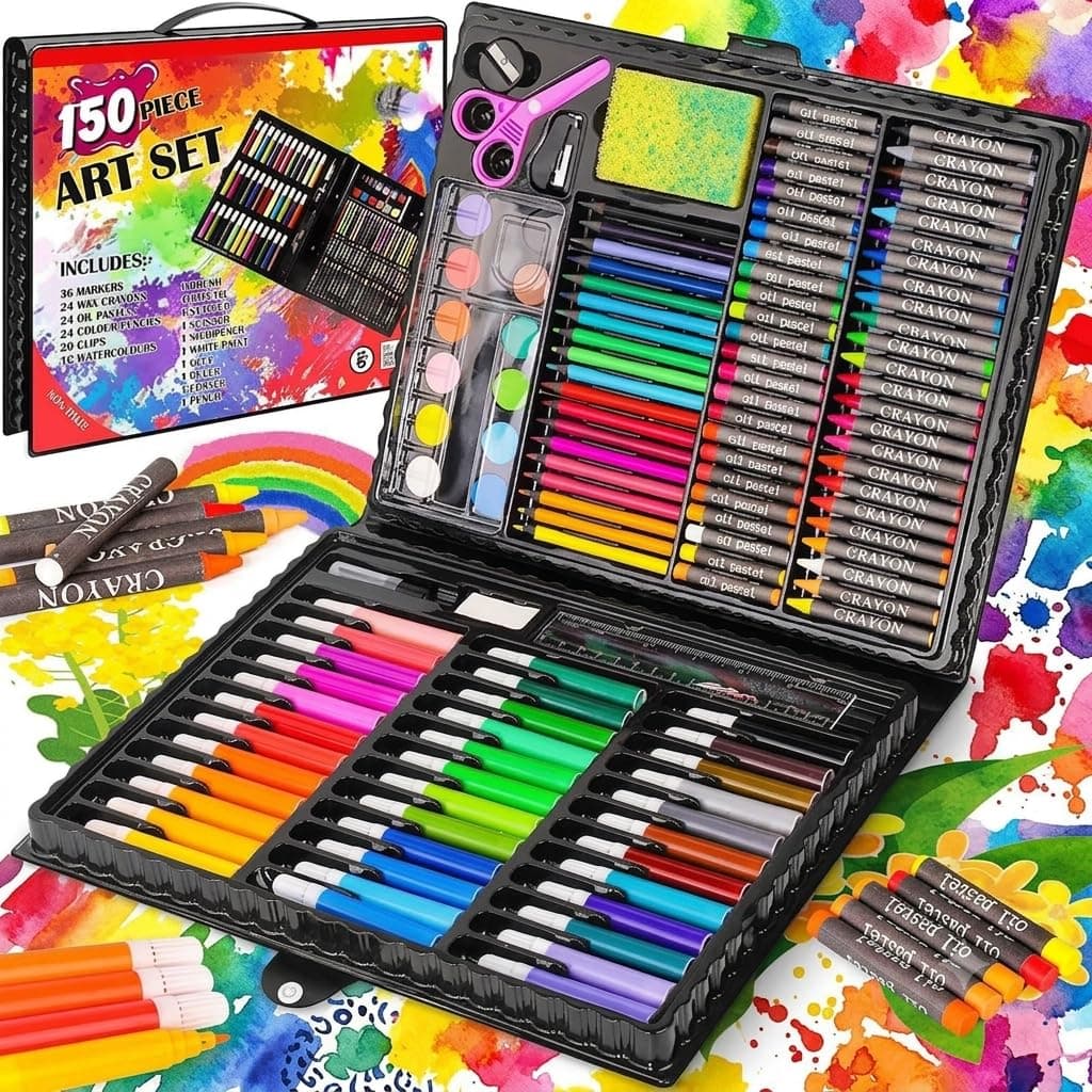 Toy Imagine 150 Pieces Colour Set Kit for Kids Art Set for Drawing Painting Stationery Kit with Crayons Markers Oil Pastels Water Colours & Carry Case Colour Set for Kids 6–12 Art Craft Supplies Gift for Boys & Girls