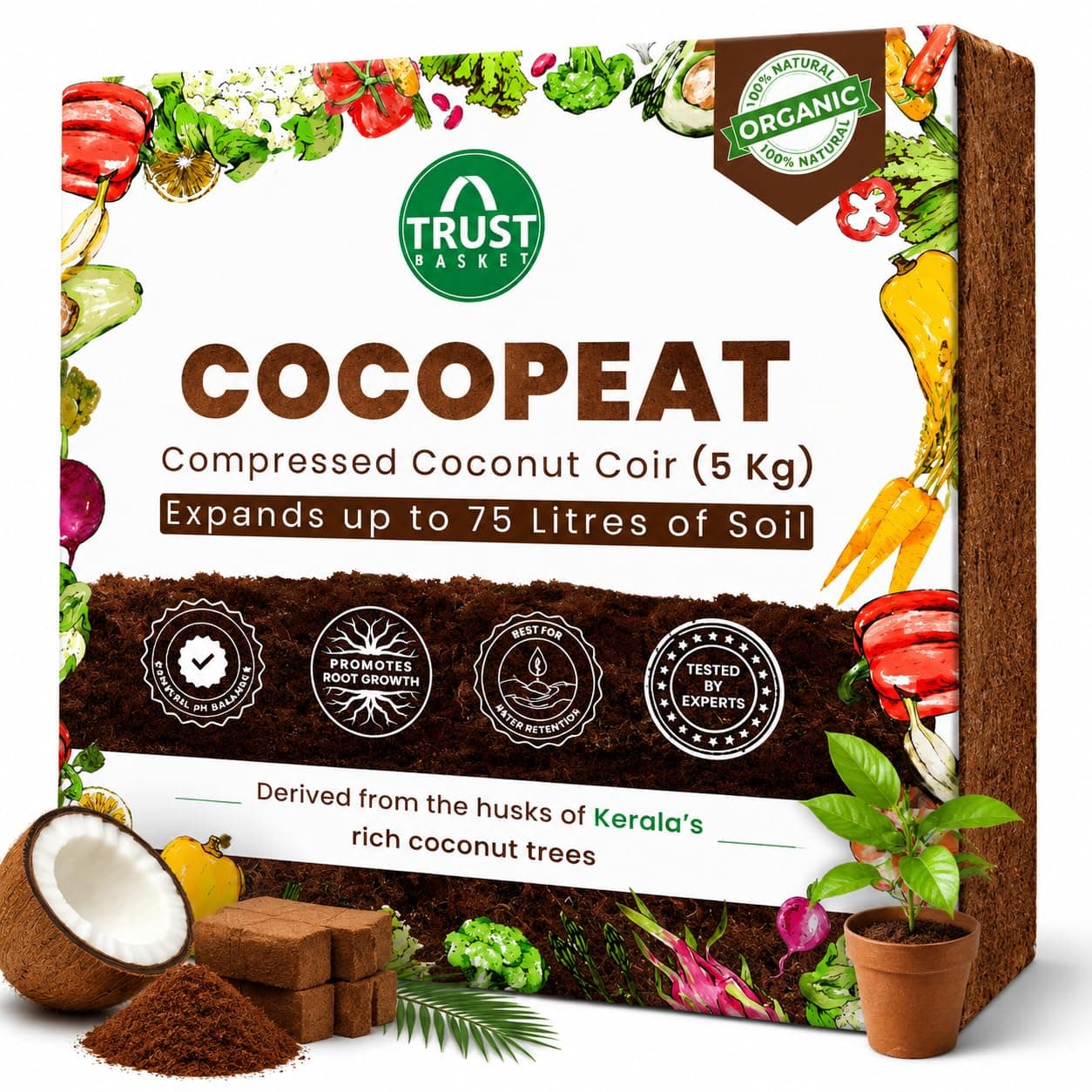 TrustBasket Premium Cocopeat 5kg (Expands Upto 75 litres) | Kerala Coconut Husk | Superior Water Retention | Organic Coco Coir for Plants | Expandable Cocopeat Block Outdoor Gardening