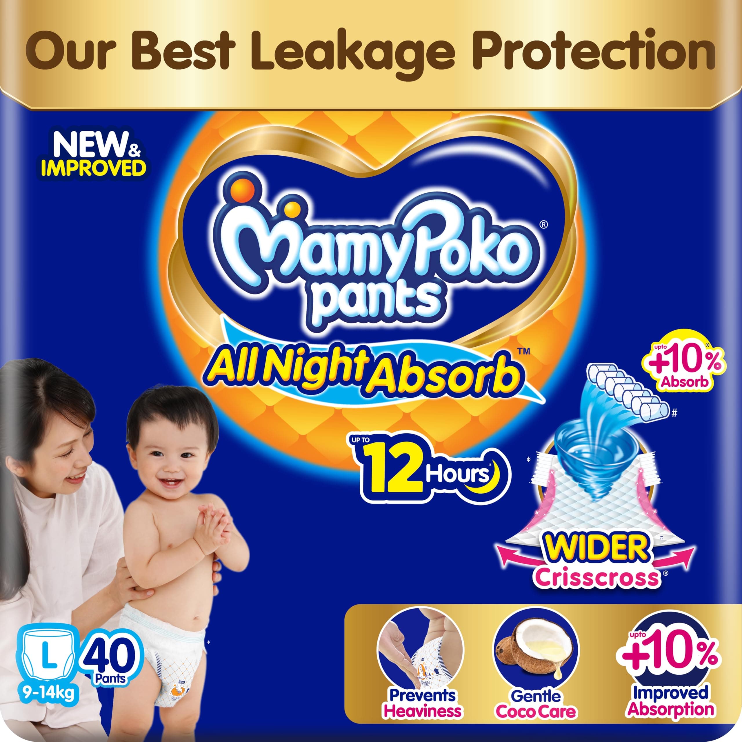 MamyPoko New Pants Premium All Night Absorb| Pant Style Baby Diapers Large Size(L), 40 Count, Ideal for 9-14Kgs|1 Diaper= Upto All Night Absorption now with 10% increased power|Wider Crisscross Sheet