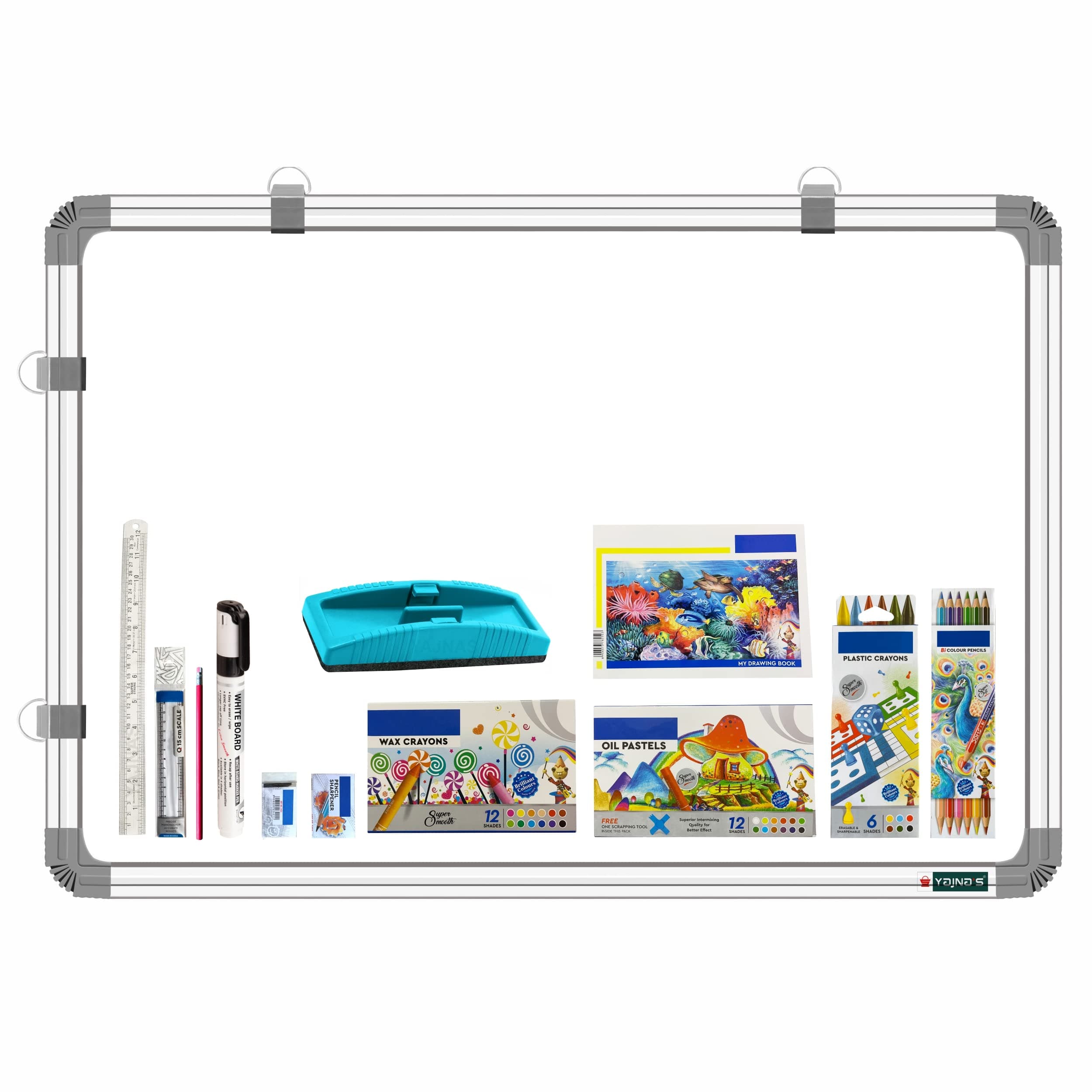 YAJNAS Non Magnetic 3x3 Feet Double Sided White Board and Chalk Board Both Side Writing Boards, one Side White Marker and Reverse Side Chalk Board Surface with Beginners Combo Kit