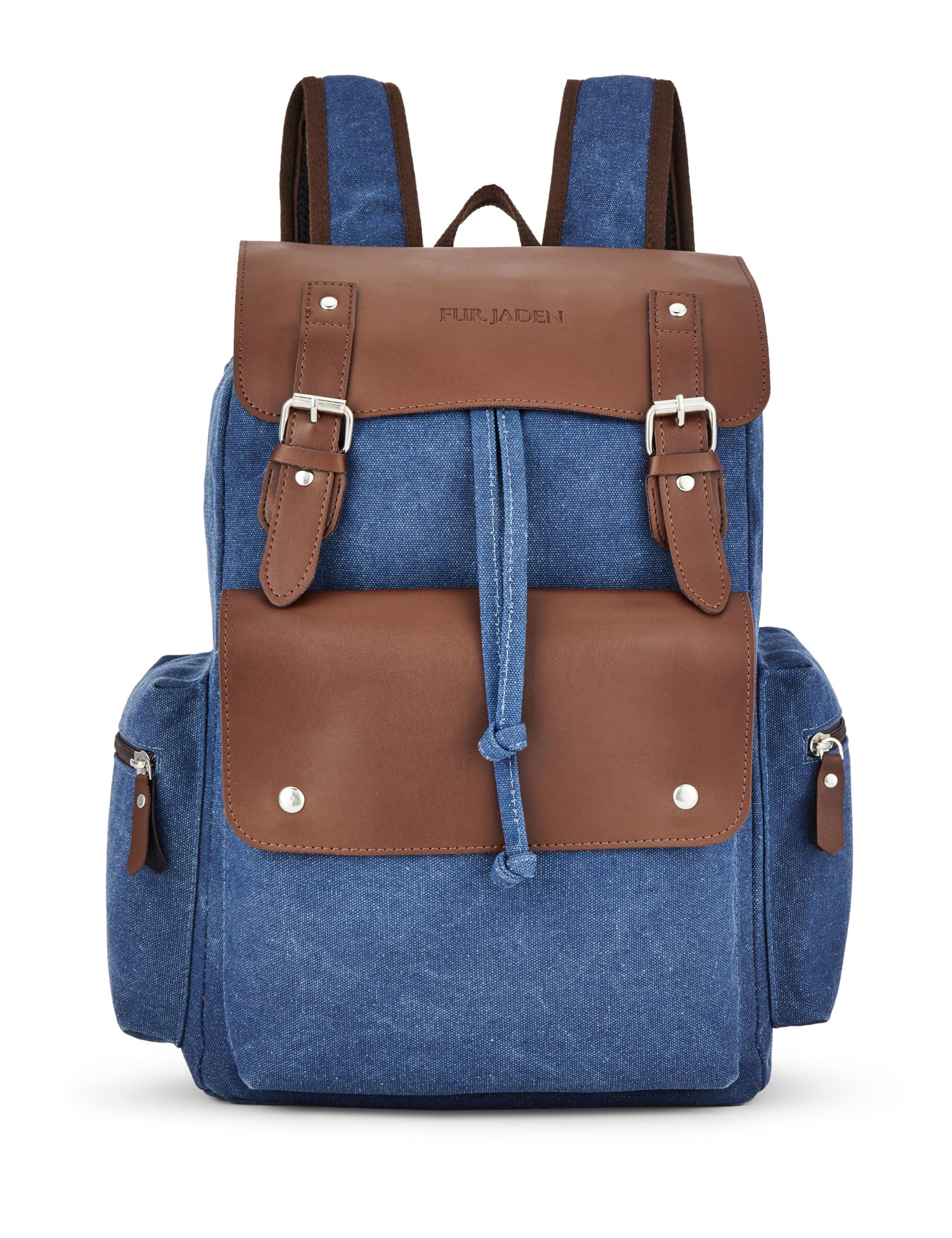 FUR JADEN Eco Friendly Travel Laptop Backpack Made of Water Resistant Sustainable Canvas and Vegan Leather for Men and Women for Travel Hiking Work (Navy)