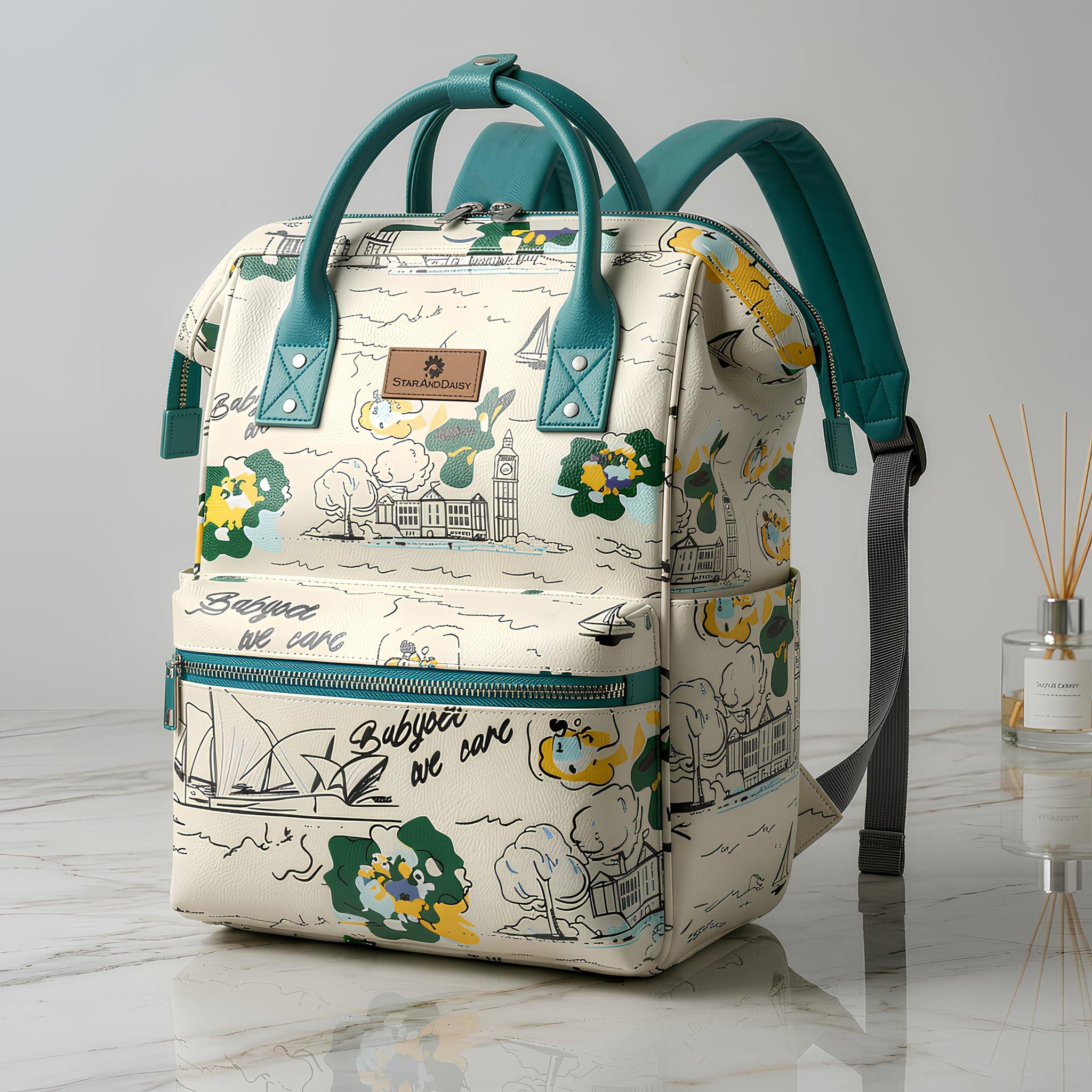 StarAndDaisy Baby Diaper Bag for Mother Travel/Diaper Bags for Mother for Travel with Laptop Pocket, Multi Compartments, Insulated Bottle Pockets, Waterproof, Ultra soft fabric - White Green