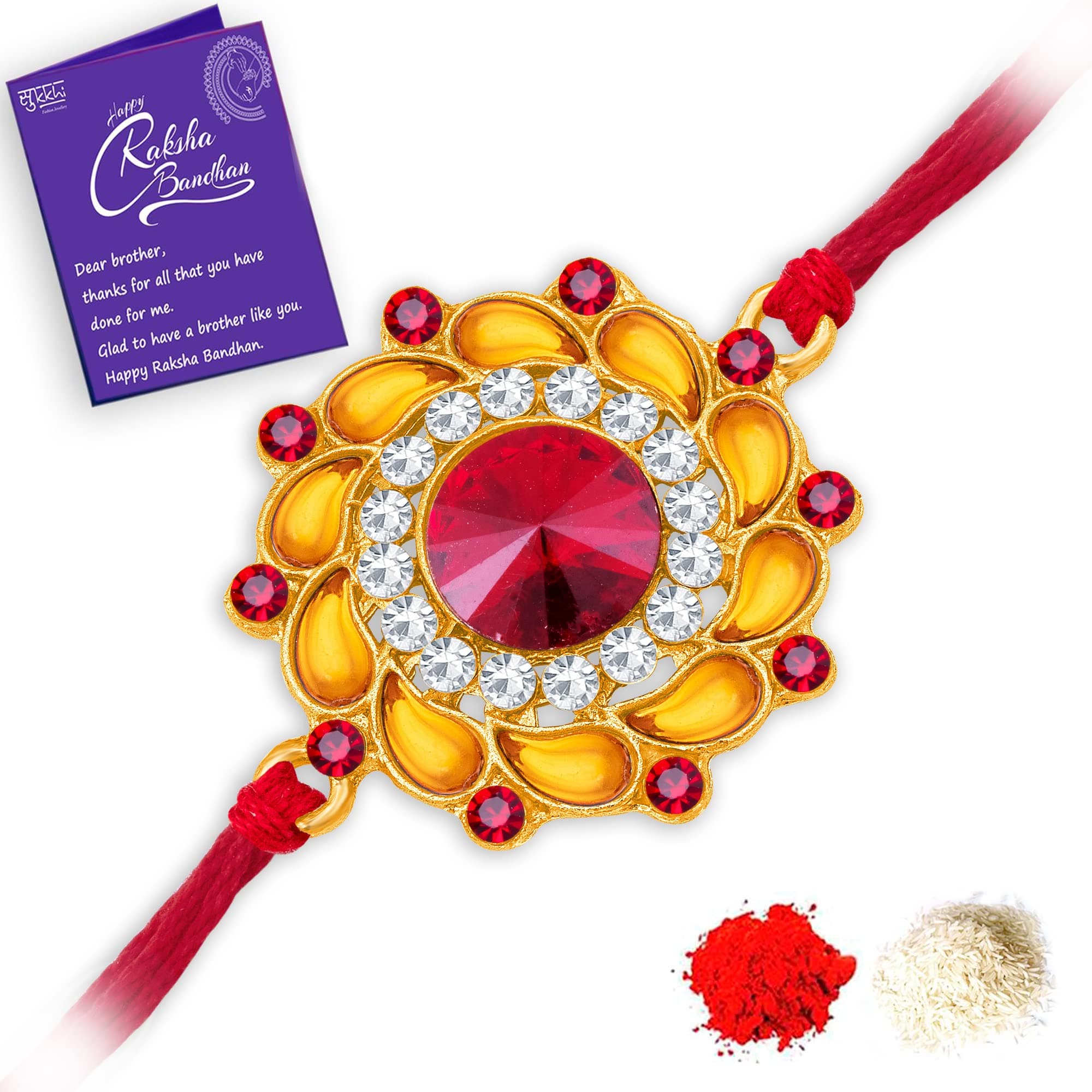 Sukkhi Mens Rakhi for Brother Handmade Kundan Designer Gold Plated with Roli Chawal & Greeting Card|RAK104508