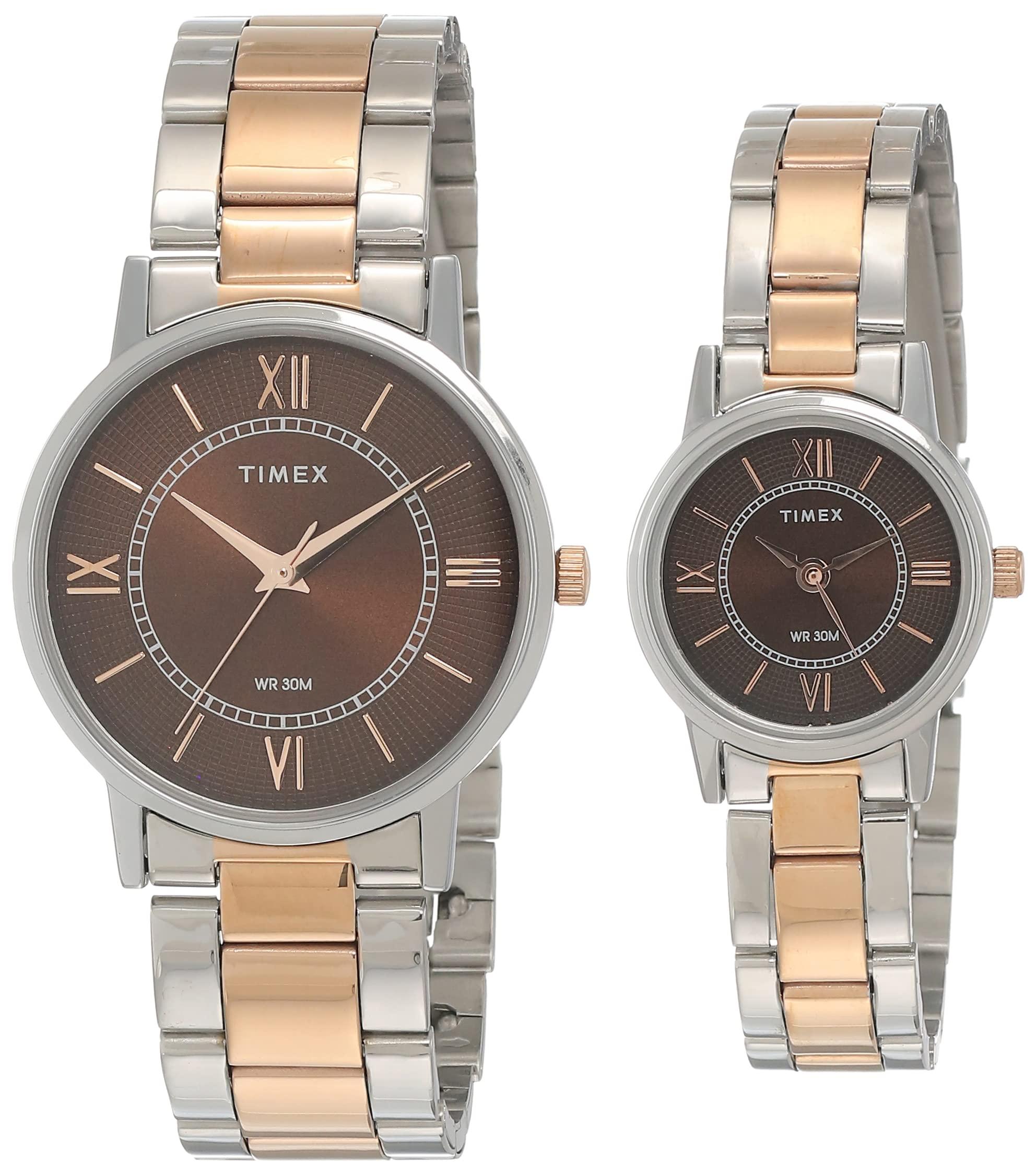 TIMEX Classics Analog Watch for Unisex with Brown Round Dial & Two Tone Stainless Steel Bracelet Band Water Resistant Unisex Wrist Watches - TW00PR214