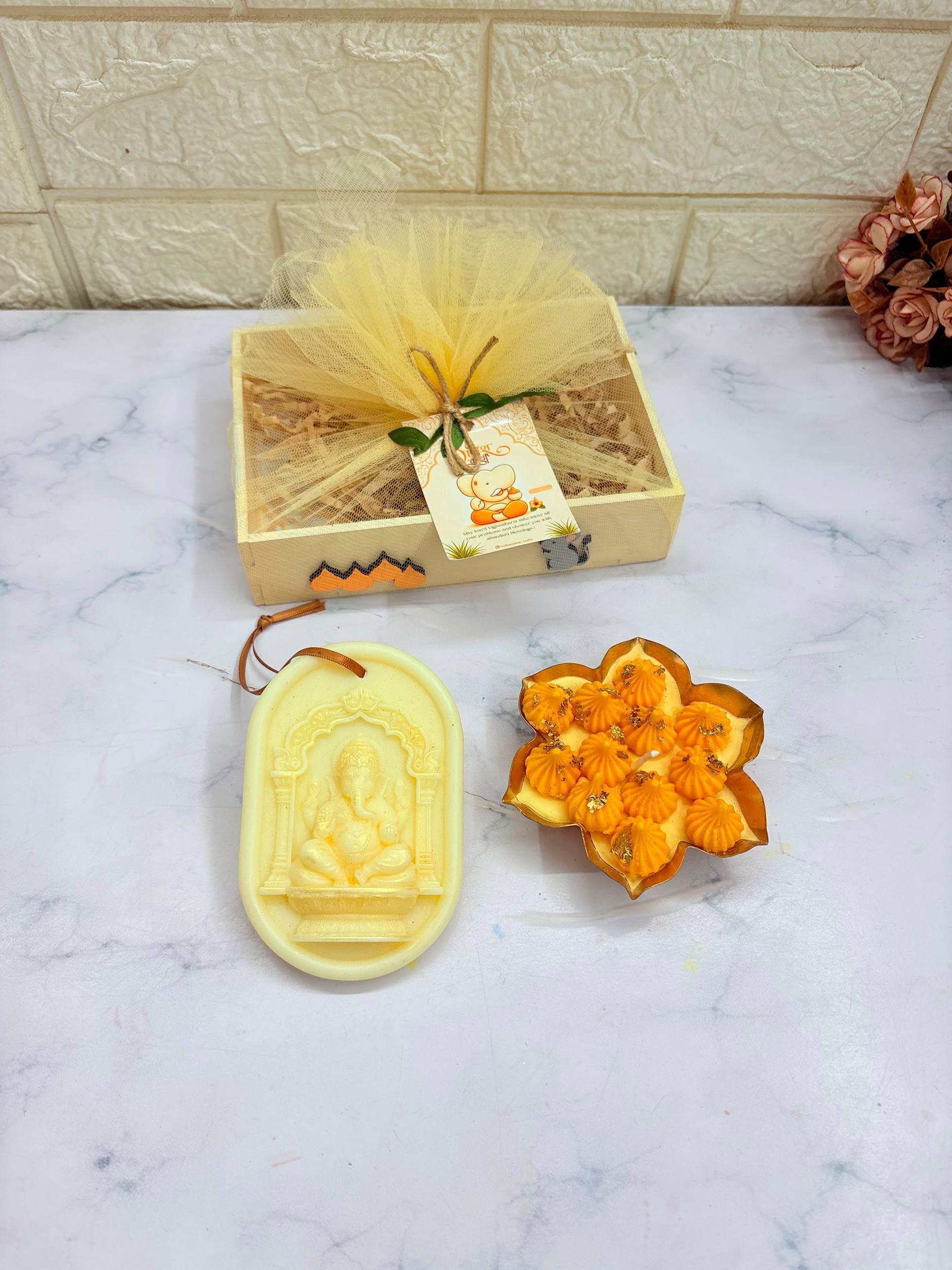 Yellow Petal® - Ganesh Chaturthi Gift Hamper | Candle and Wax Sachet Combo | MDF Wood Base | Ready to Gift Set (Off White)