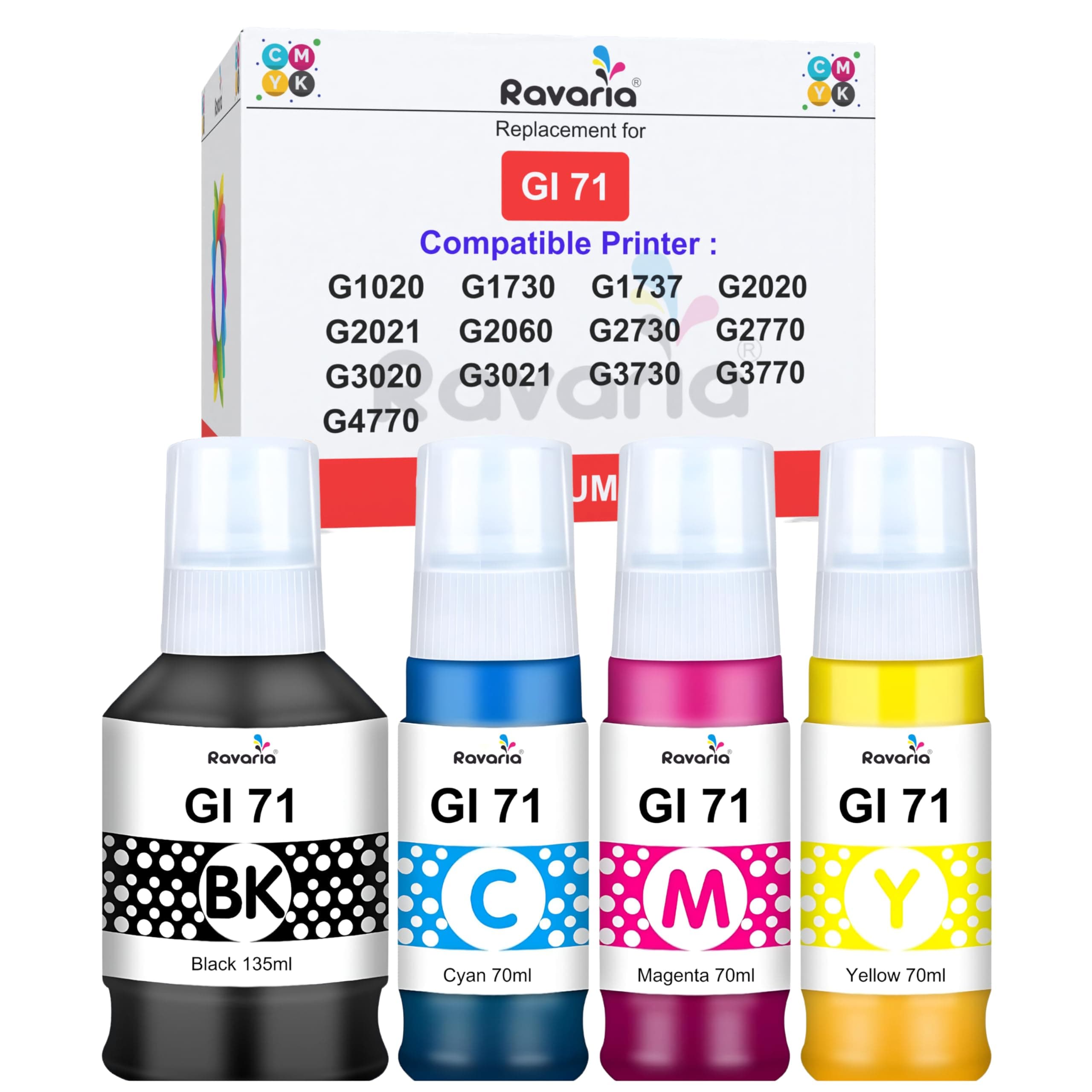 Ravaria GI 71 Ink for Cn Printer G1020 G1730 G1737 G2020 G2021 G2060 G3020 G3730 G3770 G4770 G4780 (GI 71 Ink CMYK 1 Set)