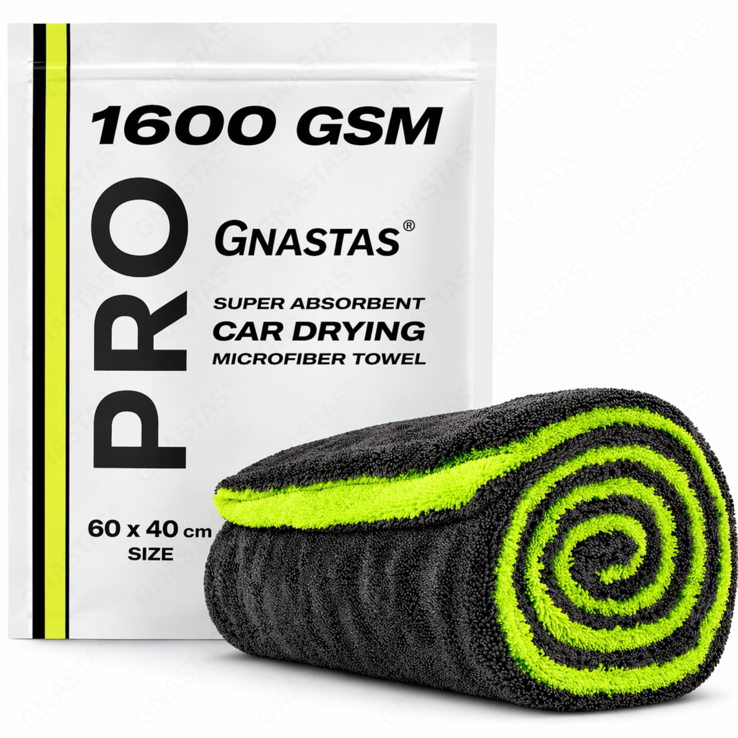 GNASTAS® Microfiber Cloth for Car, 1600 GSM, 40x60 cm, 1 Pc, Neon Green/Dark Grey | Twisted Loop Super Absorbent Drying Towel with Edgeless Design, Plush Pile & Lint-Free Detailing Cloth