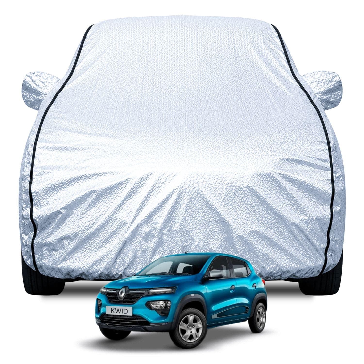 FABTEC Waterproof Car Body Cover for Renault Kwid with Mirror Pocket, Soft Cotton Lining, Triple Stitched (Heat Resistant Metallic Silver with Black Piping)