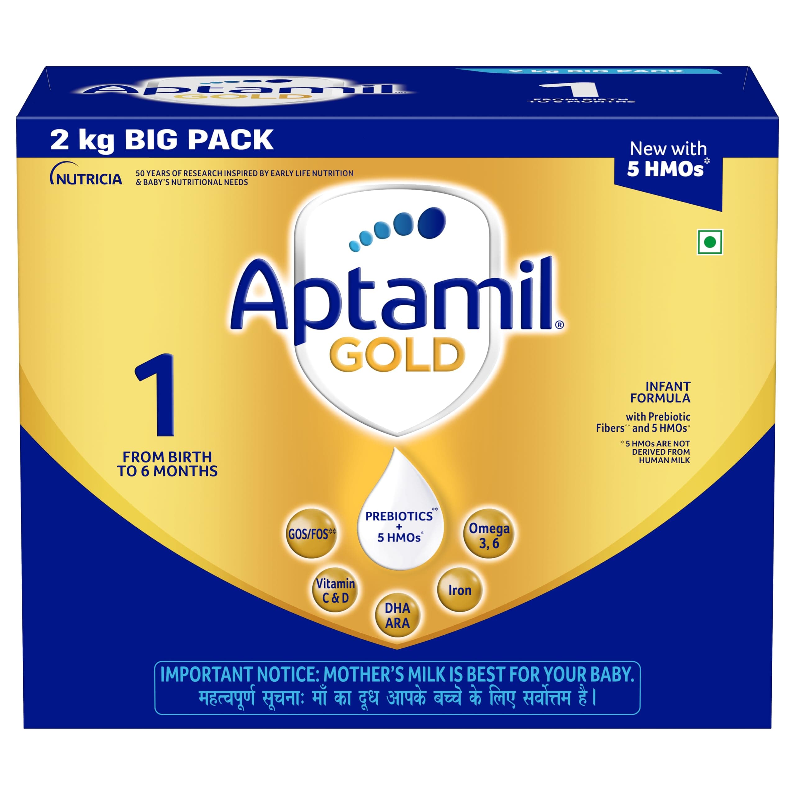 Aptamil Gold Infant Formula Milk Powder for Babies - Stage 1 (Upto 6 months) - with 5 HMOs, Prebiotics and DHA 2 kgs - BIB Pack
