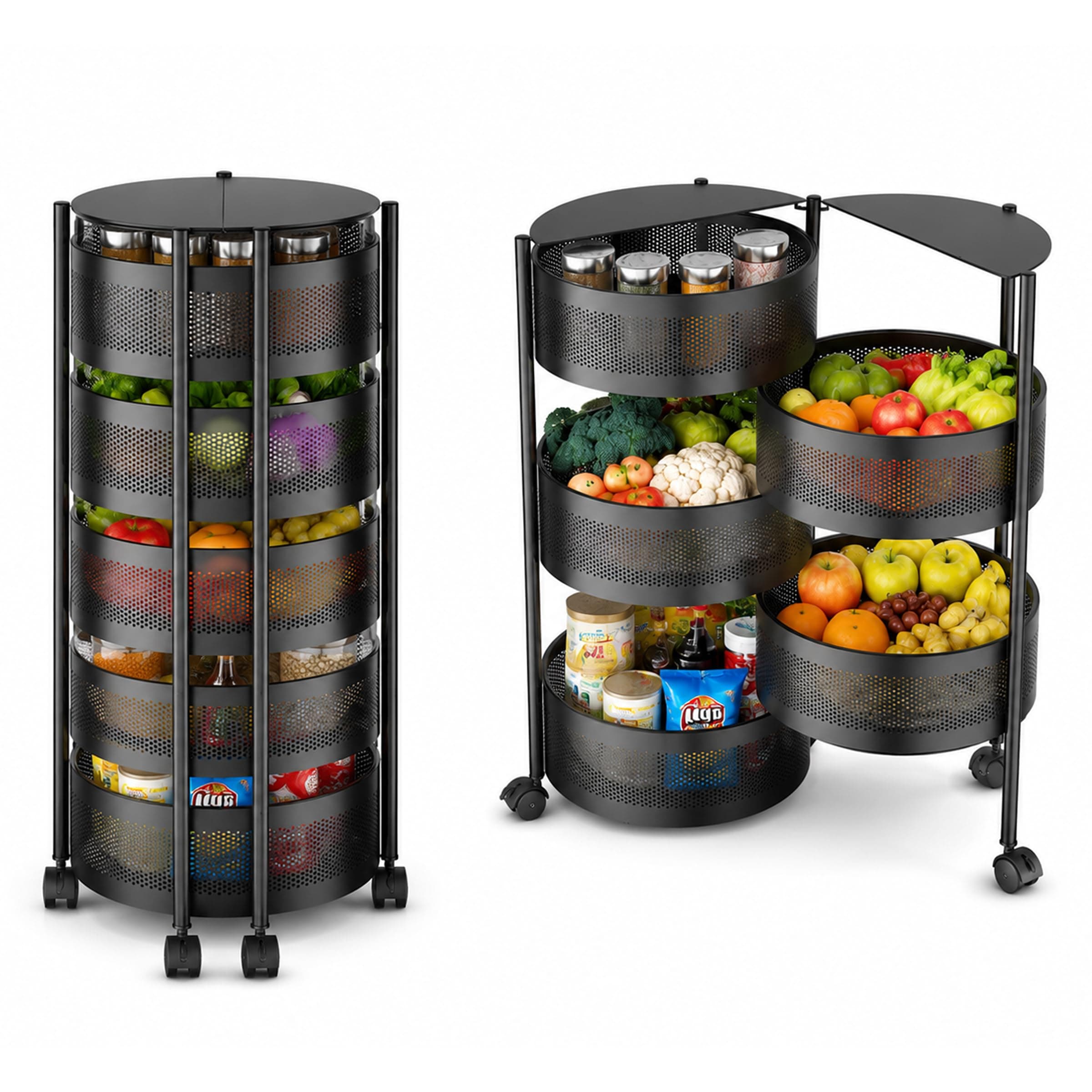 JD FRESH 5 Tier Metal Rotating Kitchen Trolley/360 Degree Rotating Wheels with Expandable Side Opening Design/Movable Butterfly Trolley and Multipurpose Storage Shelf for Kitchen, Livingroom (Black)