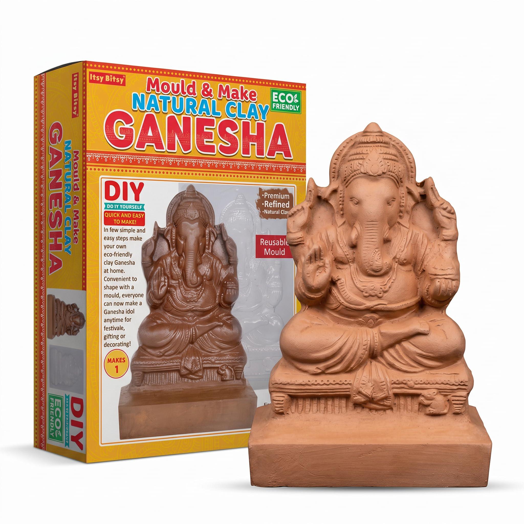 Itsy Bitsy- Natural Clay Ganesha Idol | DIY Eco-Friendly Mould and Make Kit | DIY Ganpati Murti Making Kit for Craft, Decoration | Gift for Kids & Adults