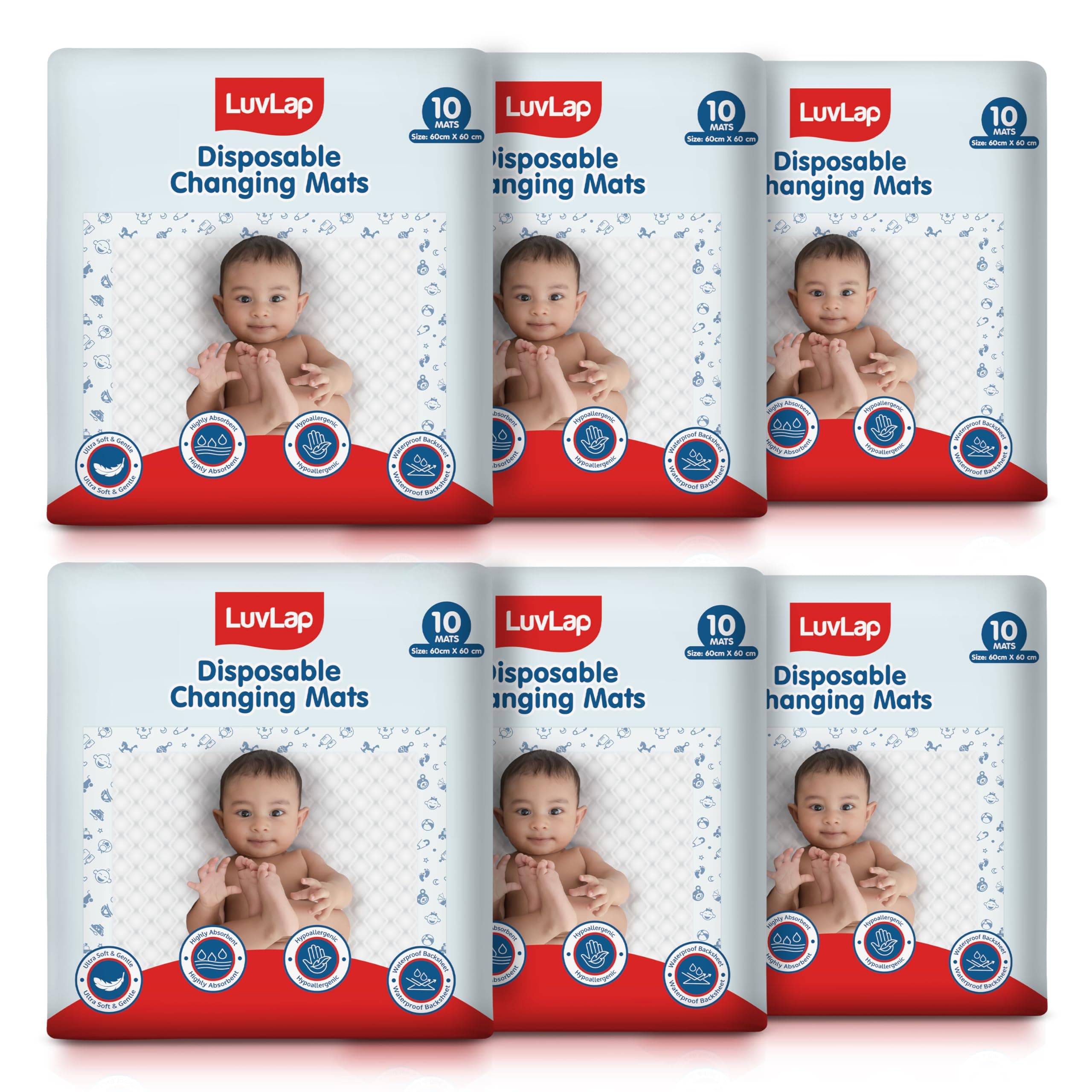 LuvLap Disposable Baby Underpad cum Changing Mats, 60 Count 60x60 CM Waterproof Pads for baby, Breathable Underpads act as 100% Water Proof Bed Protector, Non Slip Backsheet, Hypoallergenic