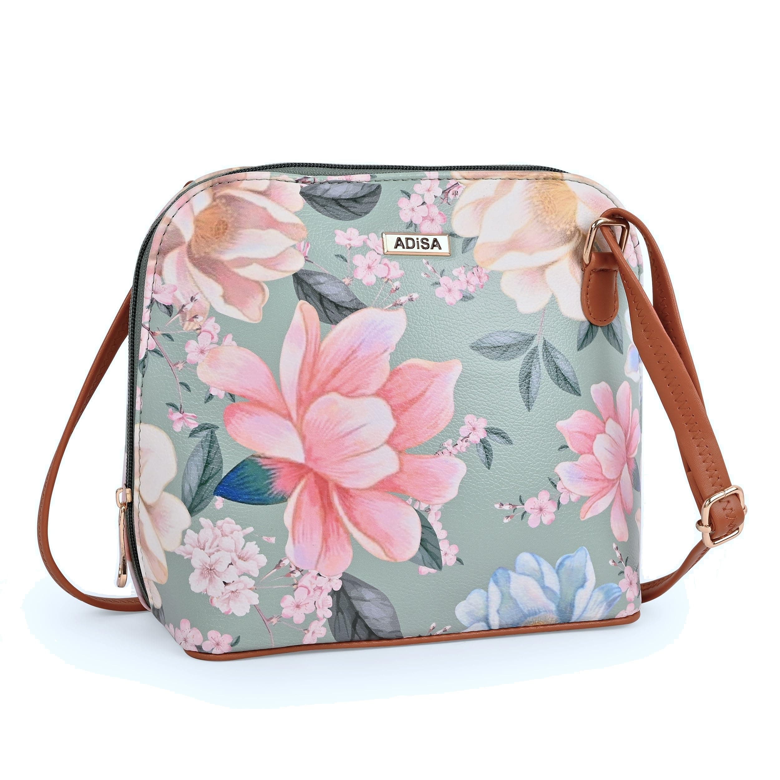 ADISA Women Girls Floral Print Faux Leather Sling Bag Crossbody (SL6003-GRN_Green)