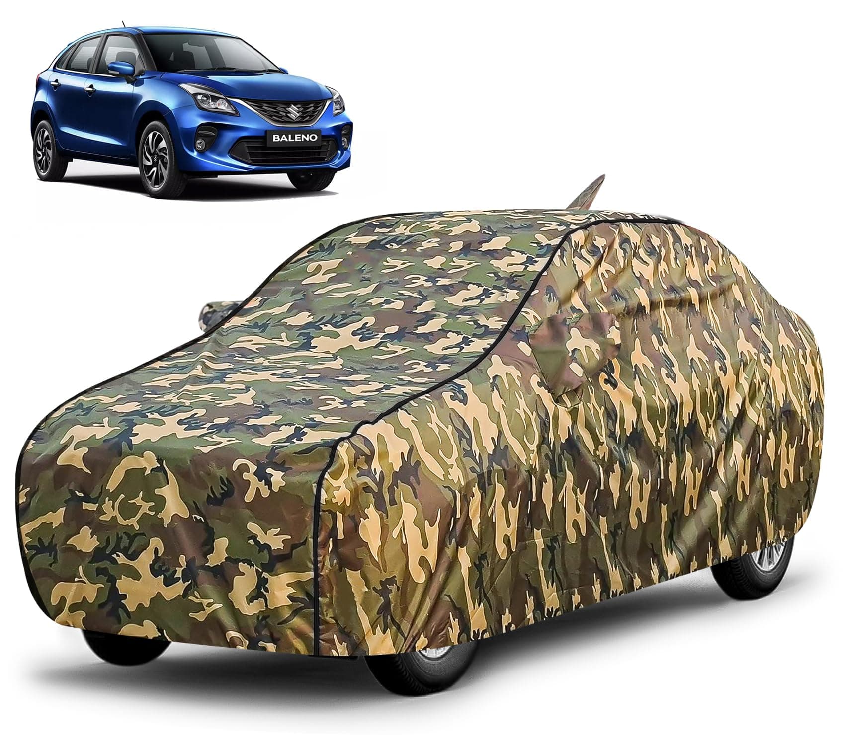 FABTEC Waterproof Car Body Cover for Maruti Baleno with Mirror and Antenna Pocket, Triple Stitched (Military, Jungle Print, Camouflage Design)