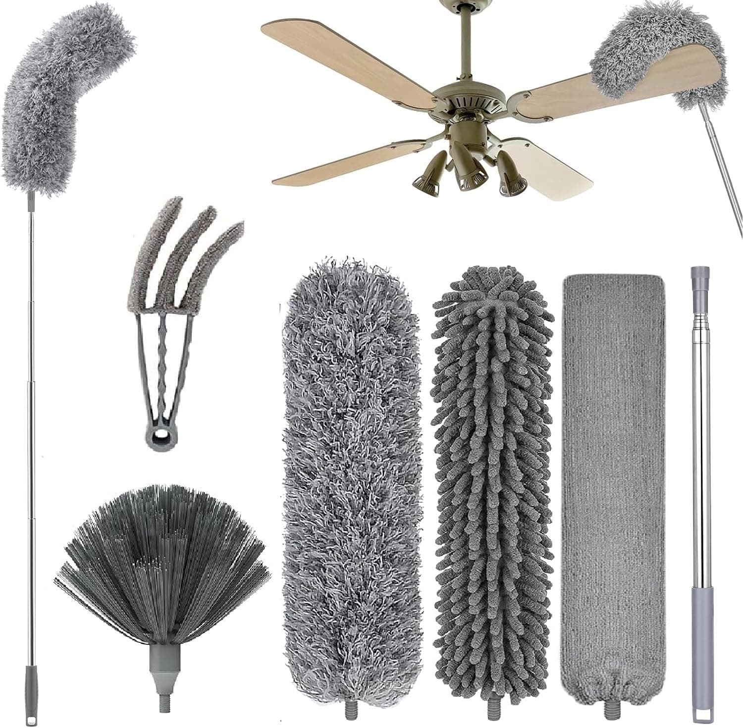 6Pcs Multifunctional Microfiber High Ceiling Duster with Extension Pole 30-100 Inch with Bendable Head for Cleaning Cobweb Window Blinds Furniture Under Bed Sofa Brush - Replacement Combination Set