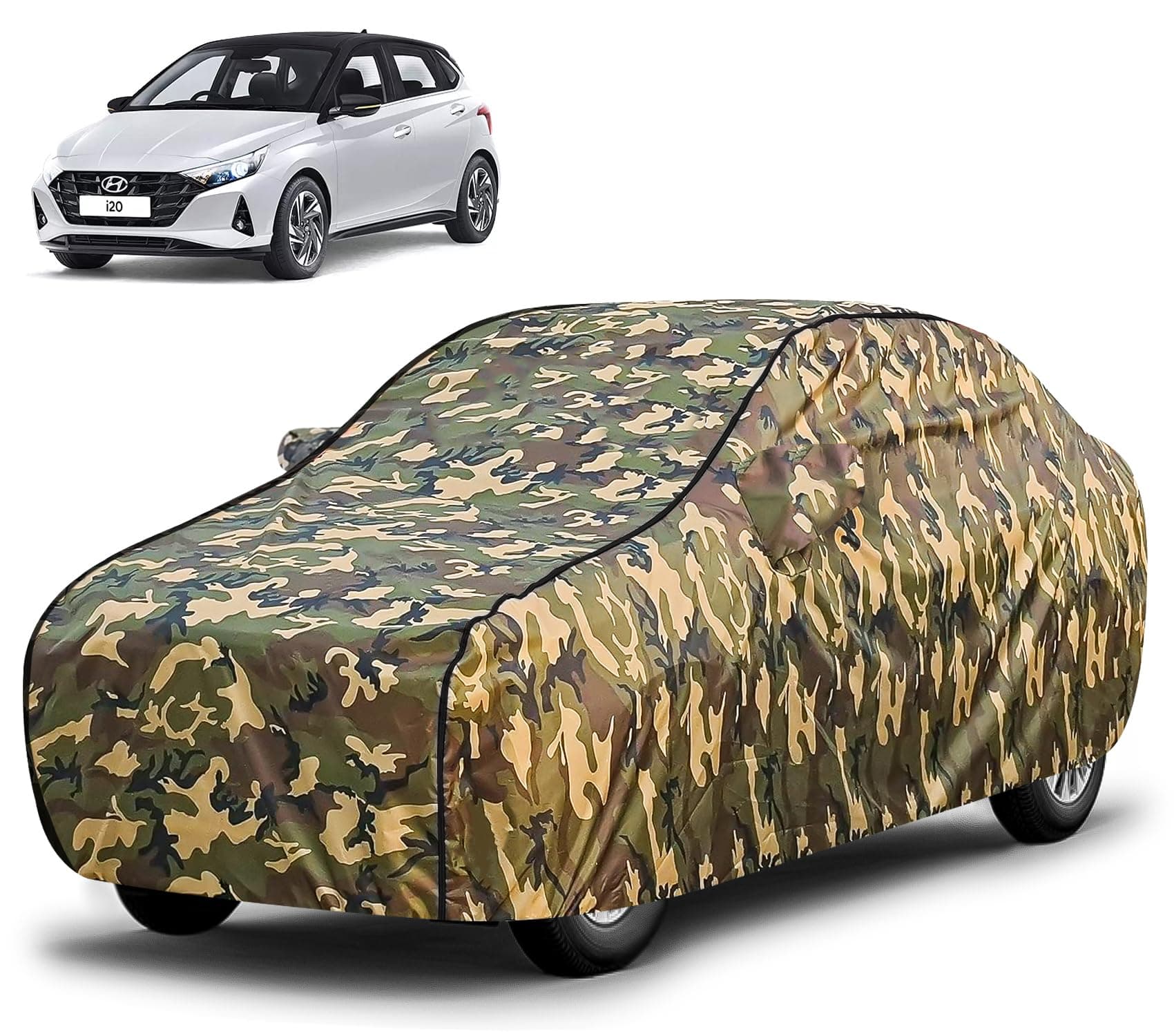 FABTEC Waterproof Car Body Cover for Hyundai i20 New with Mirror Pocket, Triple Stitched (Military, Jungle Print, Camouflage Design)