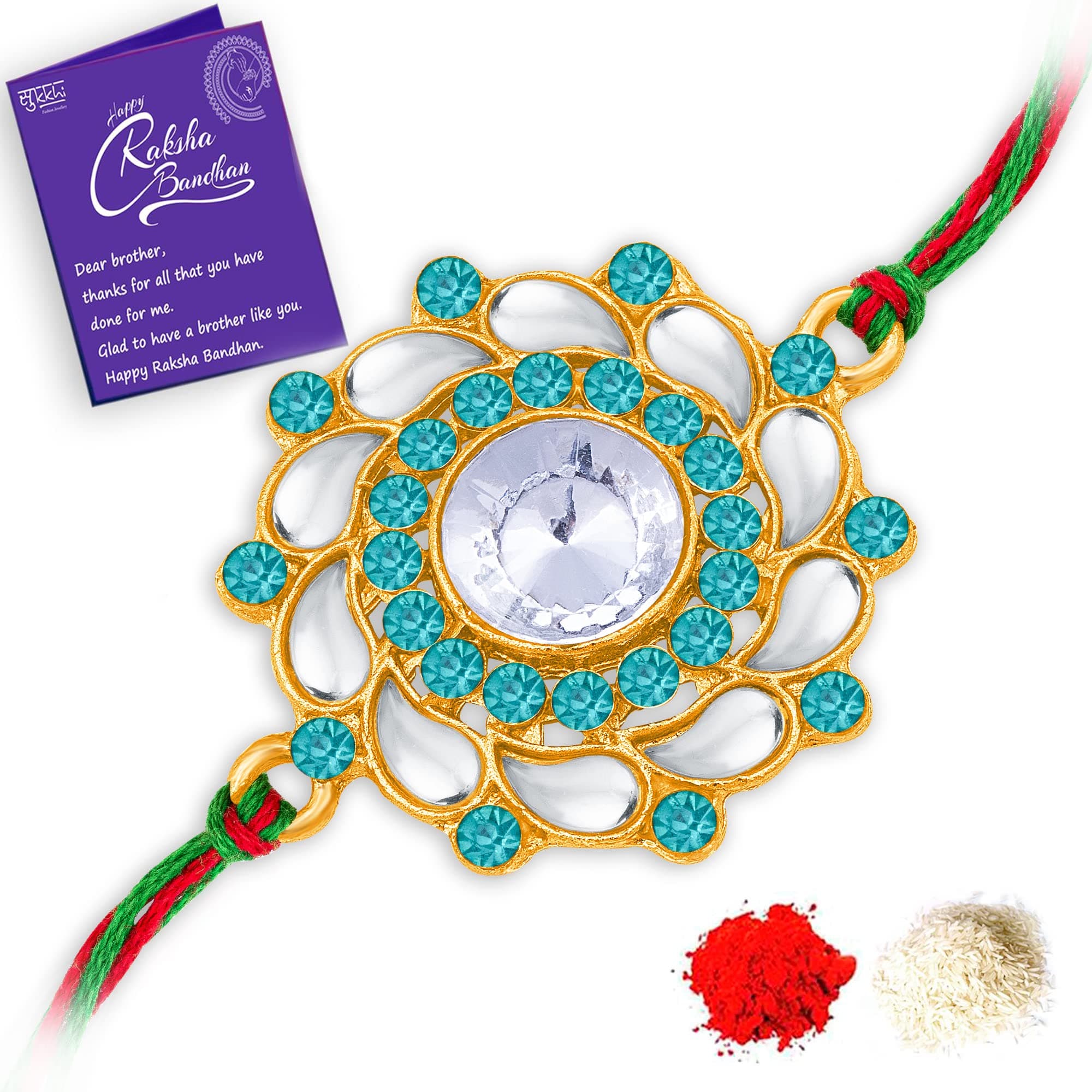 Sukkhi Mens Rakhi for Brother Flawless Kundan Designer Gold Plated with Roli Chawal & Greeting Card|RAK104504