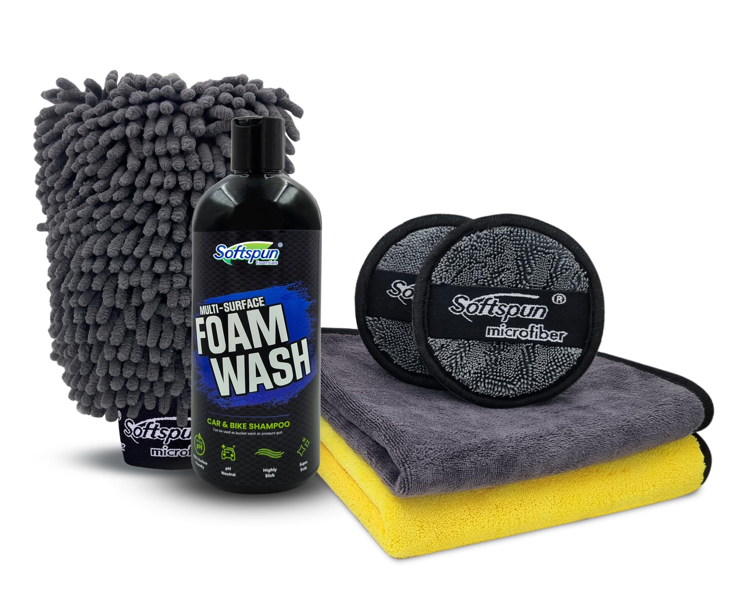 SOFTSPUN Microfiber 2pc, Cleaning Cloth & 1700gsm 1 Glovs + 500ml Car & Bike Premium Liquid Shampoo Combo | Extra Suds, Removes Tough Dirt & Grime | pH Neutral | Works with Bucket & Foam Cannon