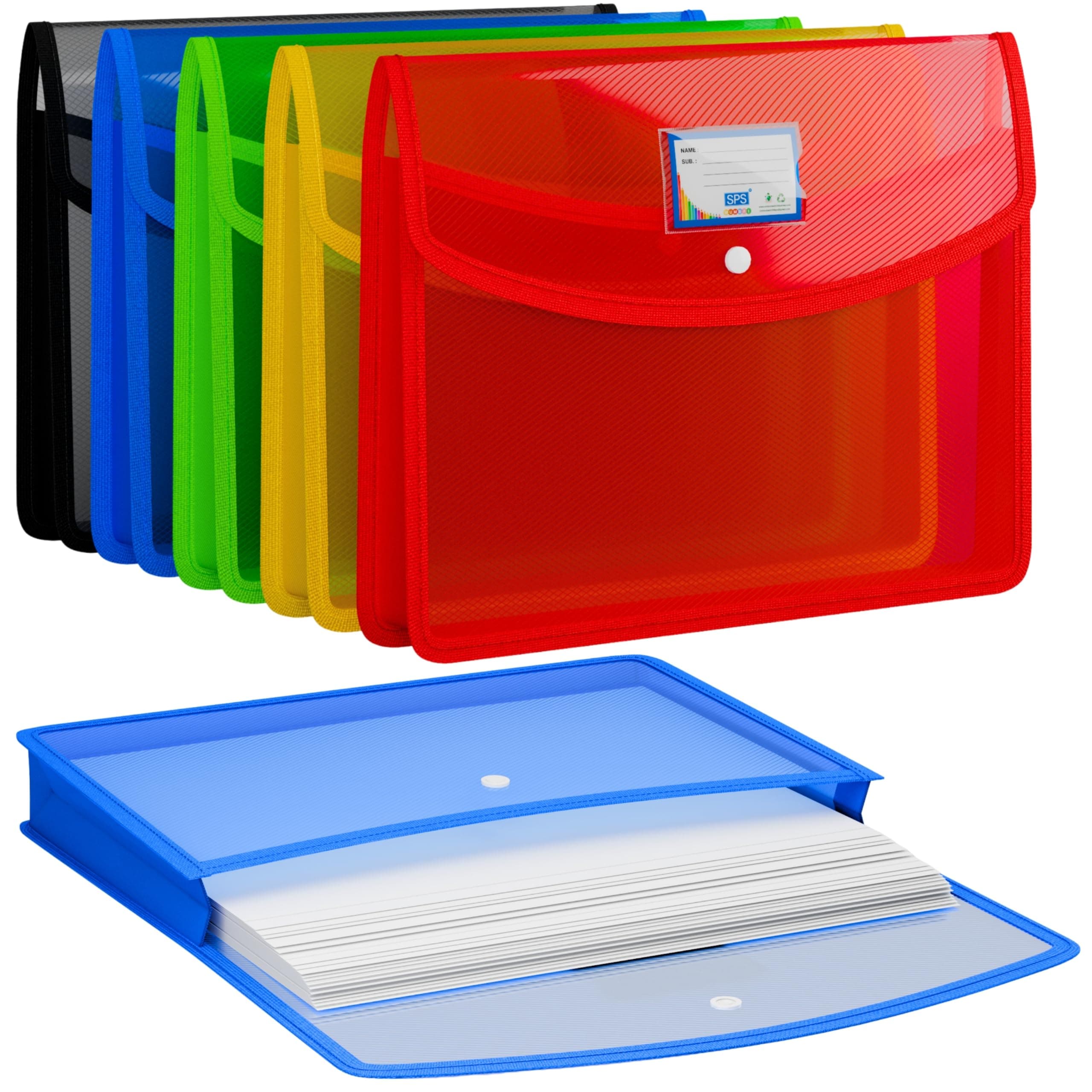 SPS File Folder, Transparent Poly-Plastic A4/Foolscap Documents File Storage Bag with Snap Button Set of 5/ Certificate File Folder