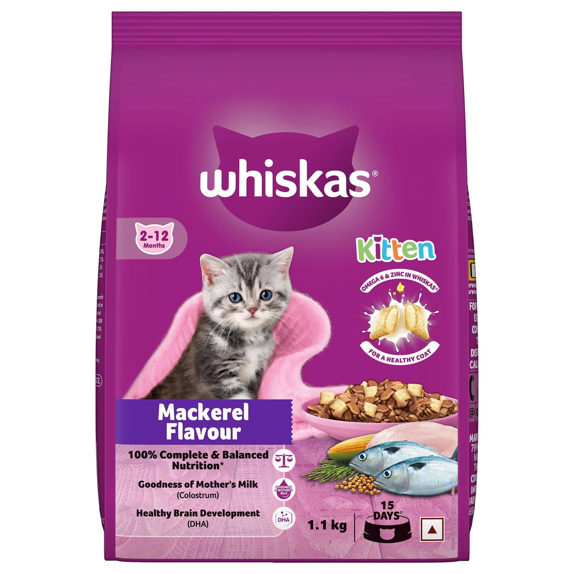 Whiskas Junior Mother Cat & Kitten (2-12 Months) Dry Cat Food, Mackerel Fish Flavour, 1.1 kg, Contains 41 Essential Nutrients, Complete & Balanced Nutrition for Mother Cats & Kittens