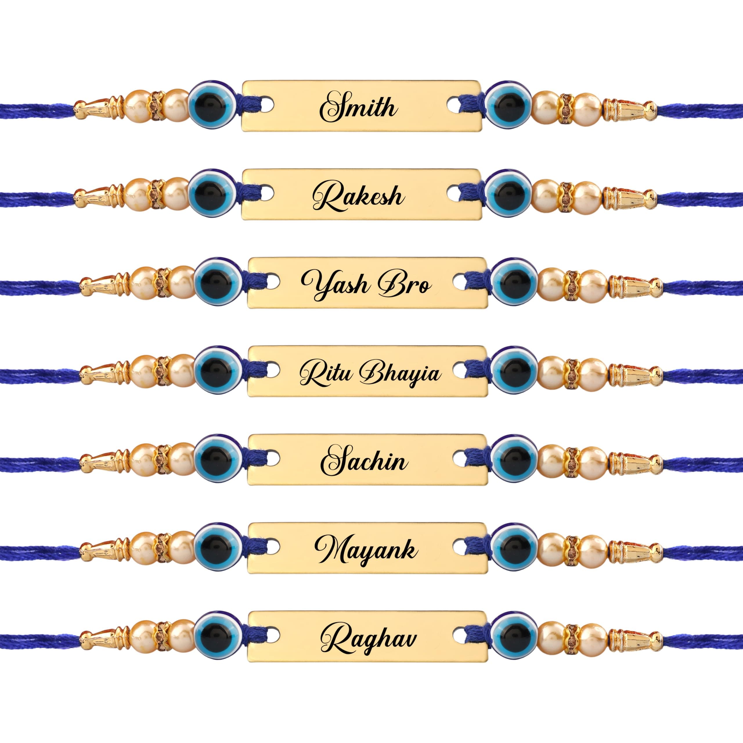 Innovative Gifts Personalized Blue Evil Eye Rakhi with Name & Roli Chawal | Customized Rakhi for Brother | Engraved Name for Bhaiya | Raksha Bandhan Gift for Boys, Girls & Men Pack of 7