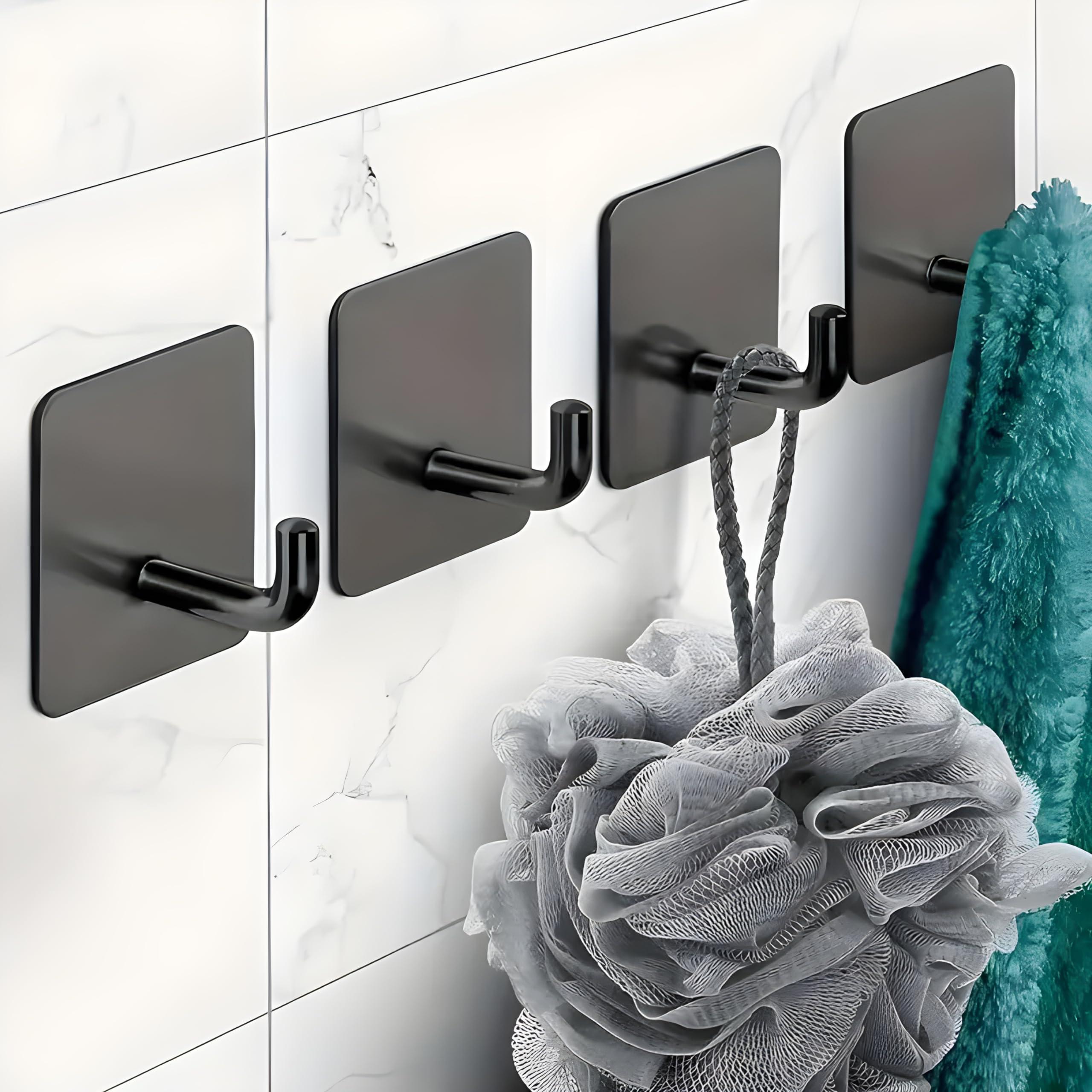 JIALTO 4 PCS Self Adhesive Stainless Steel Wall Hooks – Heavy Duty Waterproof No Drill Wall Hanger for Bathroom, Kitchen & Towel – Strong Coat Hook, J Hook Black (Holds Up to 5 KG)