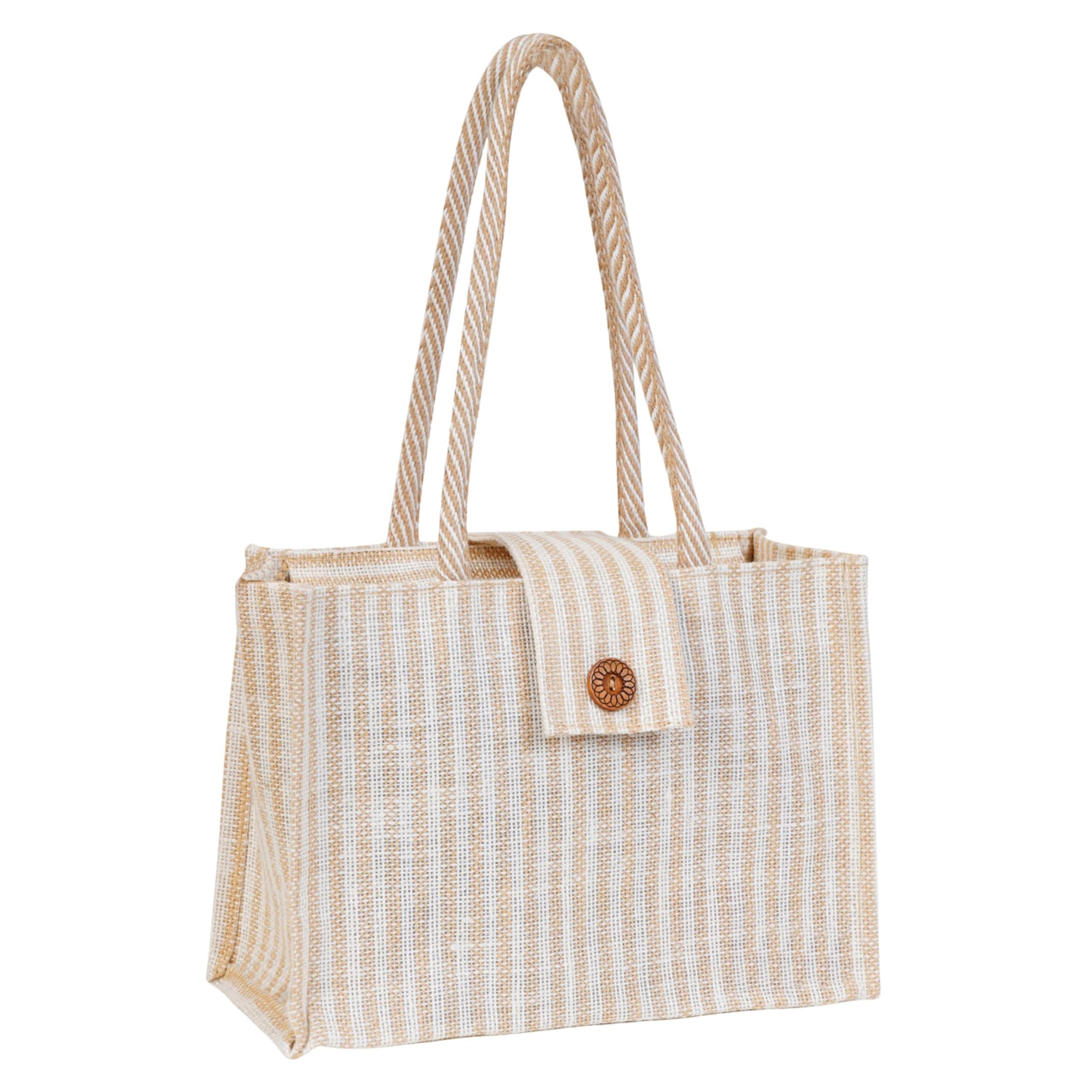 Match Made Eco Friendly Reusable Jute Bag, Yoga Printed Jute Bag, Grocery Shopping Bag, Multi-Purpose Bag, Jute Lunch Bag, Sturdy Handle with Zipper Lock (Beige)