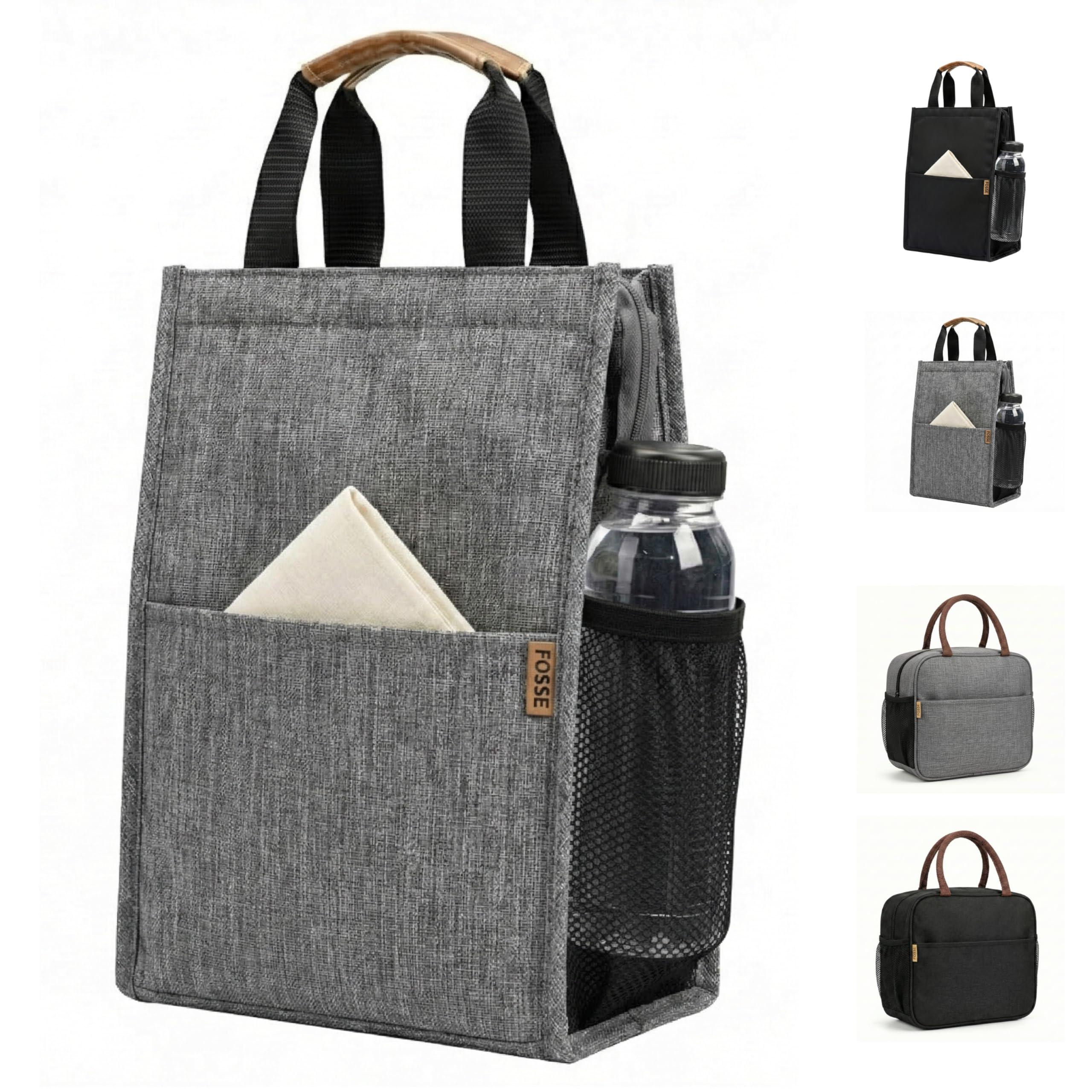 FOSSE Insulated Lunch Bag (10 Litre, Grey), Office Tiffin Bags for Men and Women, Hot & Cold Travel Lunch Box for Men, Tiffin Box & Bottles, Lunch Bag for Office, Picnic Bag (Grey, Big Size)