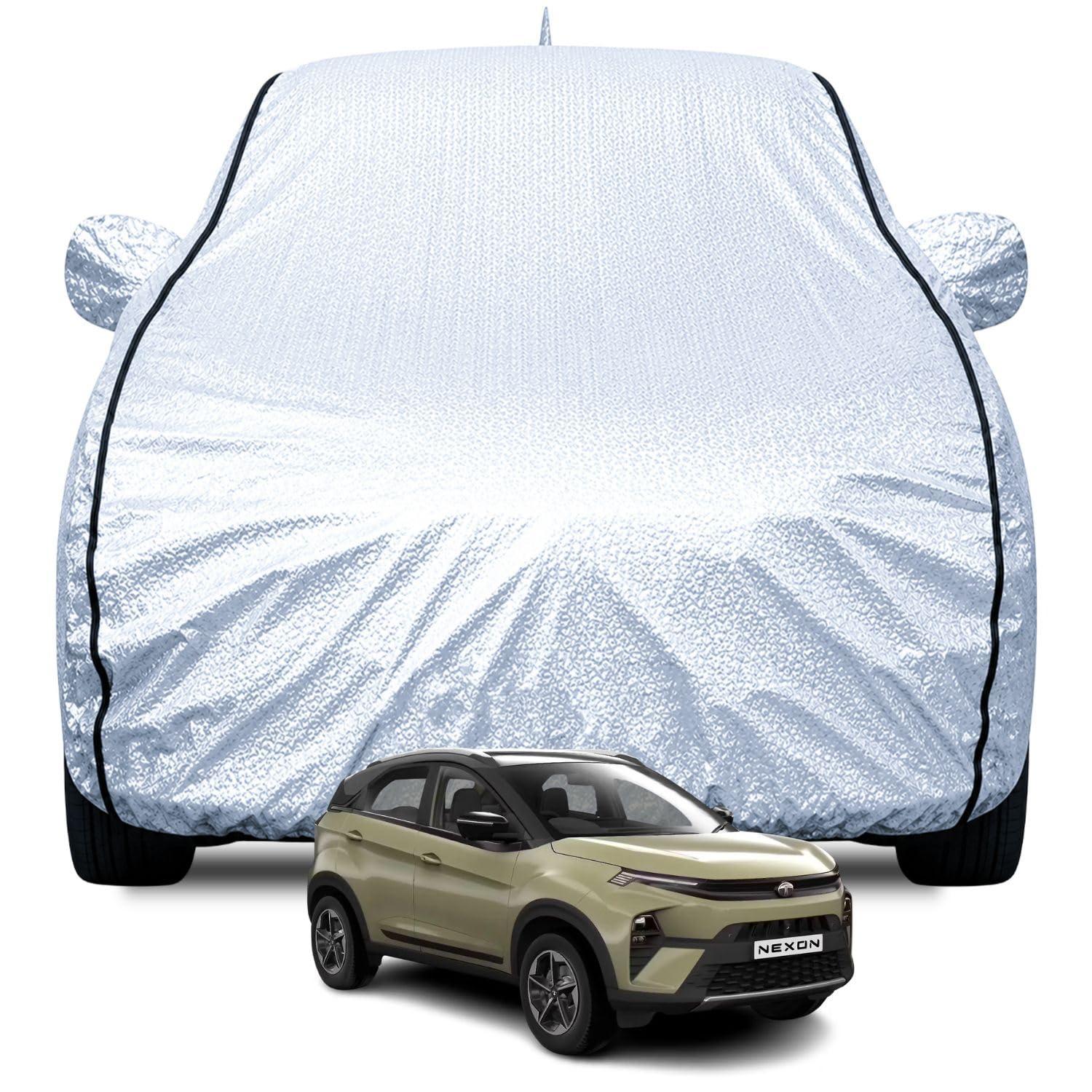 FABTEC Waterproof Car Body Cover for Tata Nexon (2024-2025) with Mirror and Antenna Pocket, Soft Cotton Lining, Triple Stitched (Heat Resistant Metallic Silver with Black Piping)
