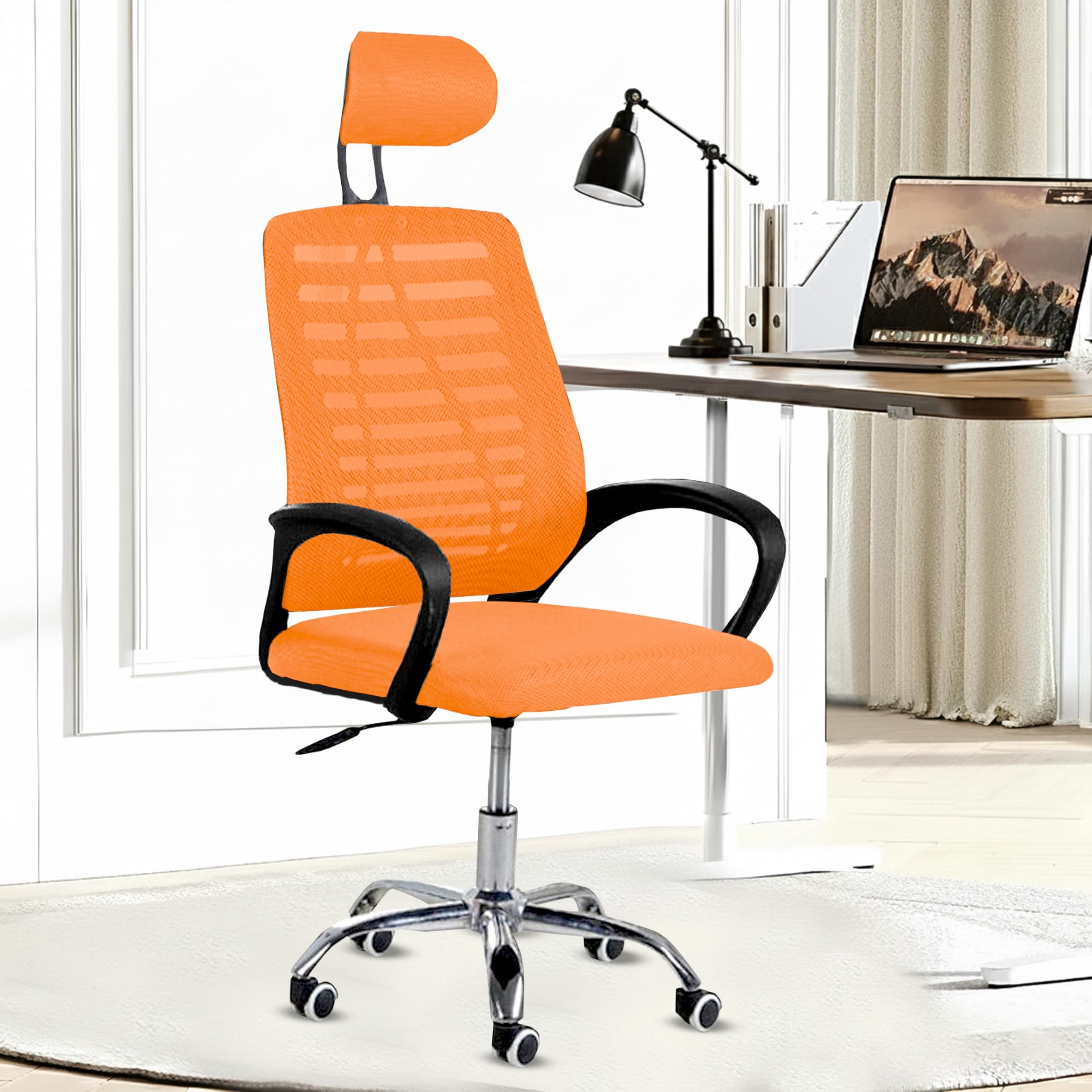 Casa Copenhagen,Mesh Office Desk,Rocking, Ergonomic Computer Chair Adjustable High with Headrest and Comfortable Armrest Swivel Chair -Orange & Black Handle
