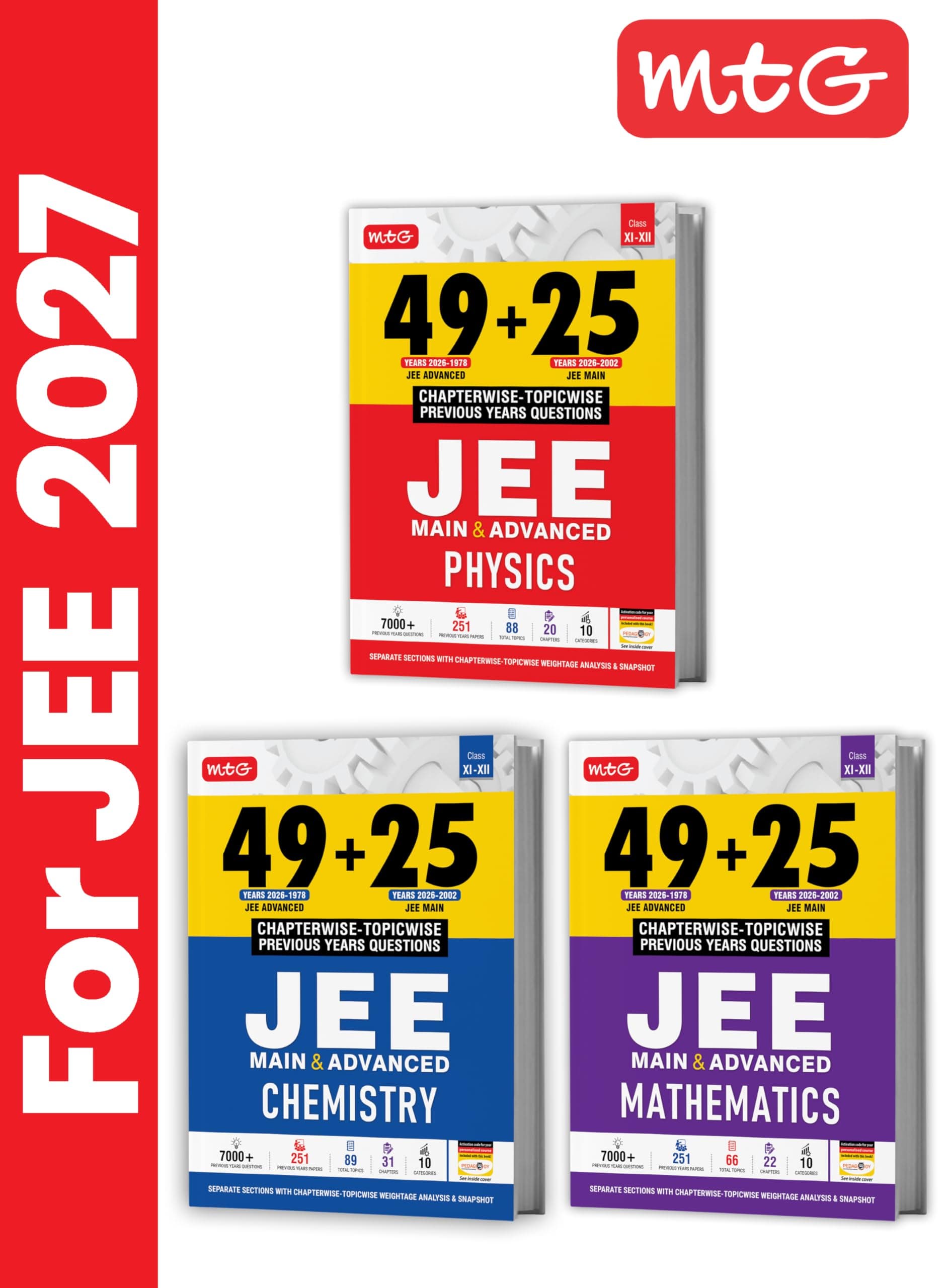 MTG 49 + 25 Years (2026-2002) JEE Main and Advanced (2026-1978) PYQ Book Physics, Chemistry & Mathematics (Set of 3) | Chapter-wise Topic-wise Solved Papers with Free Smart Book For 2027 Exam