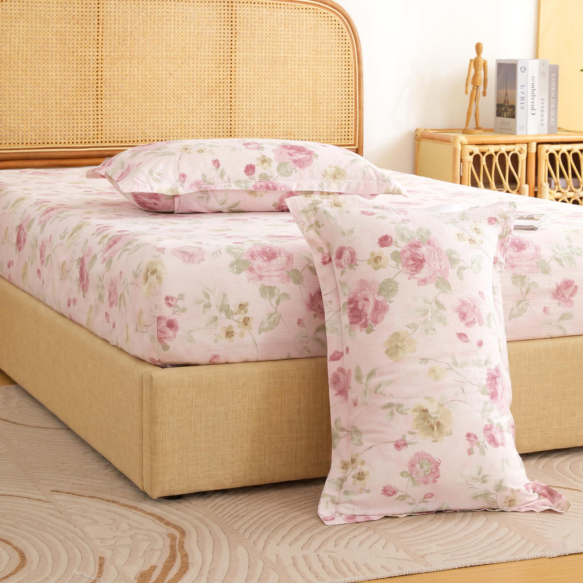 Story@Home Air Cotton Fitted Bedsheet 198 x 182 cm, Pink & Green