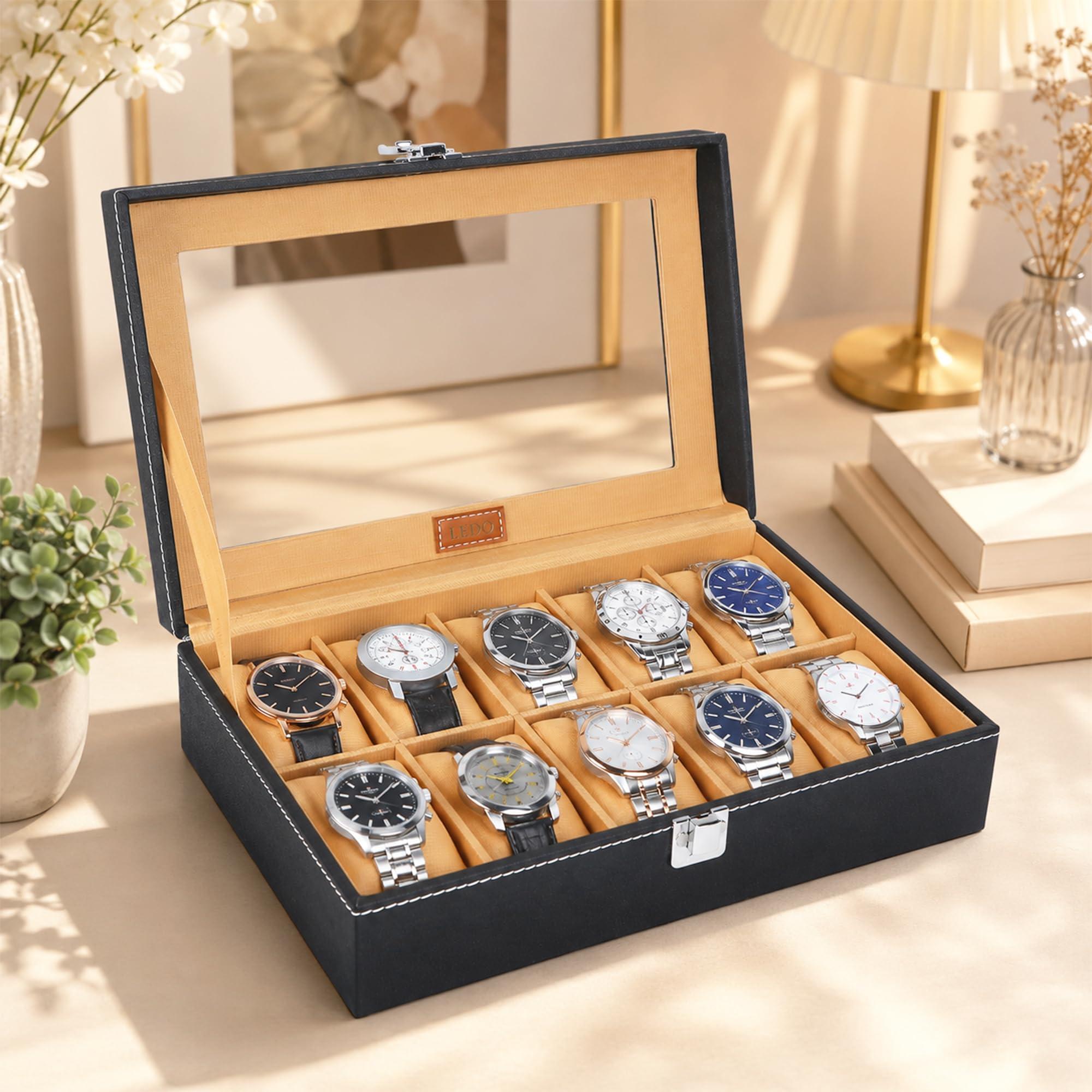 LEDO Faux Leather Men's and Women's Watch Box Organizer Case In 10 Slots of watches In Black color (BlackandCream)