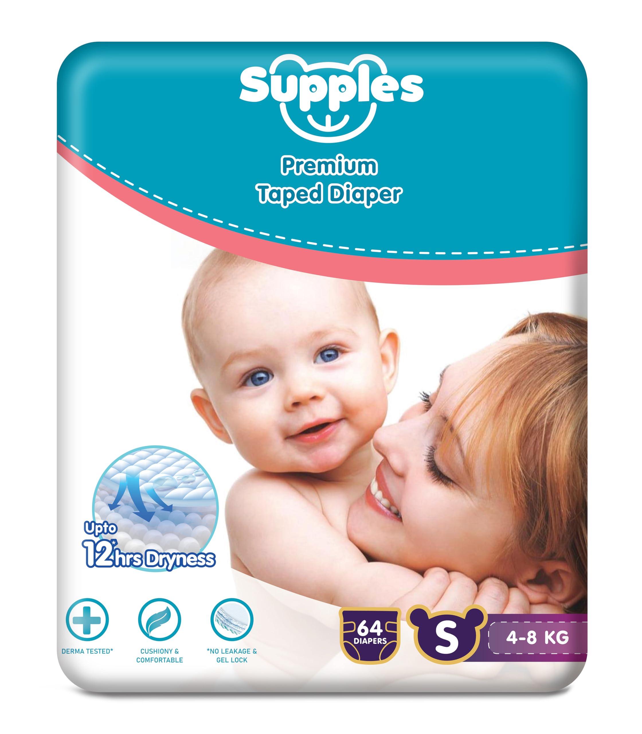 Amazon Brand - Supples Premium Small Taped Diapers | Derma Tested, Extra Soft, High Absorbency with Wetness Indicator & Umbilical Cut Design, 12 Hrs Absorption | Small | 4-8 Kg | 64 Count