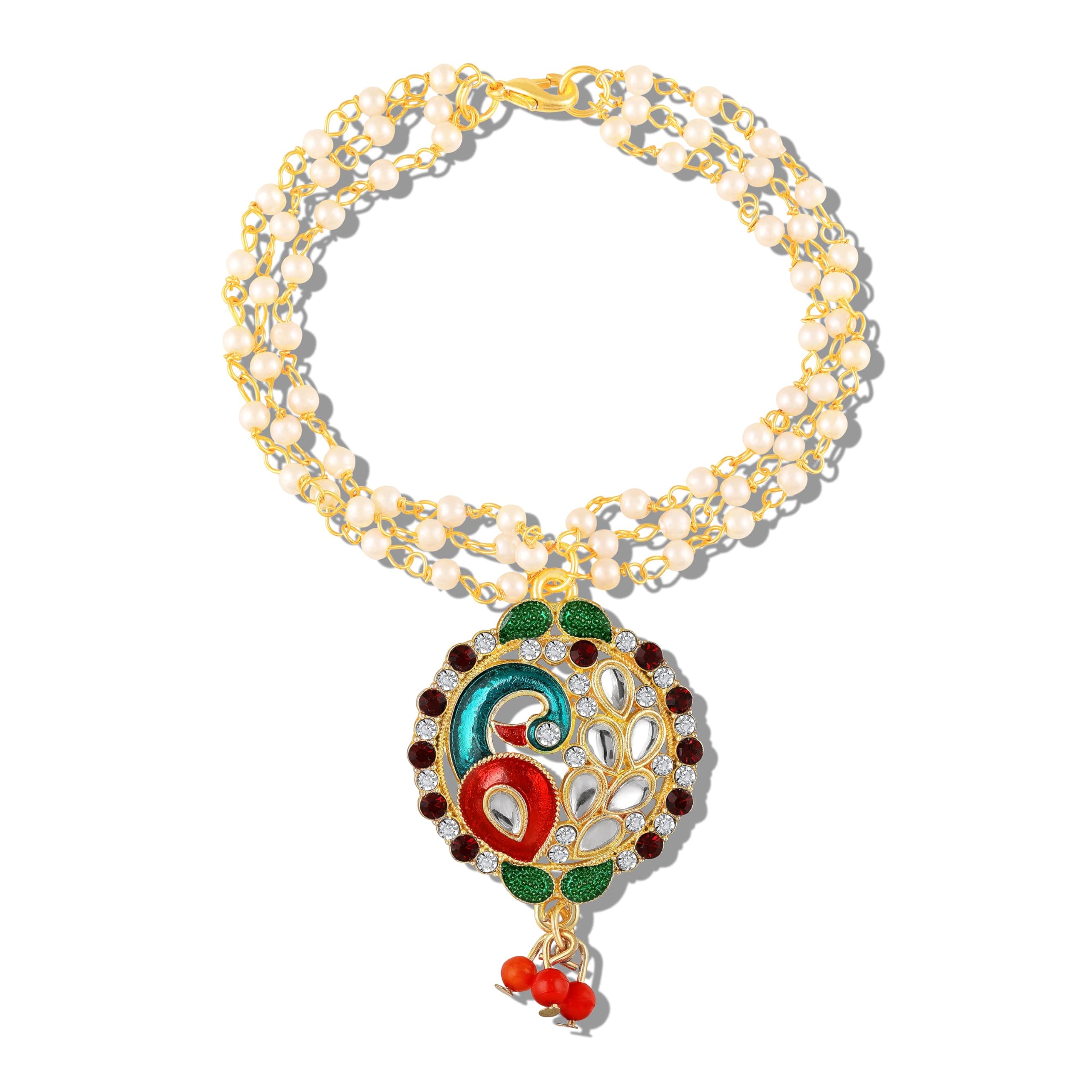 Mahi Traditional Multicolor Peacock-Shaped Lumba Rakhi for Bhabhi | Artificial Pearl Chain Bracelet with Meenakari Work (RAL1100852G)