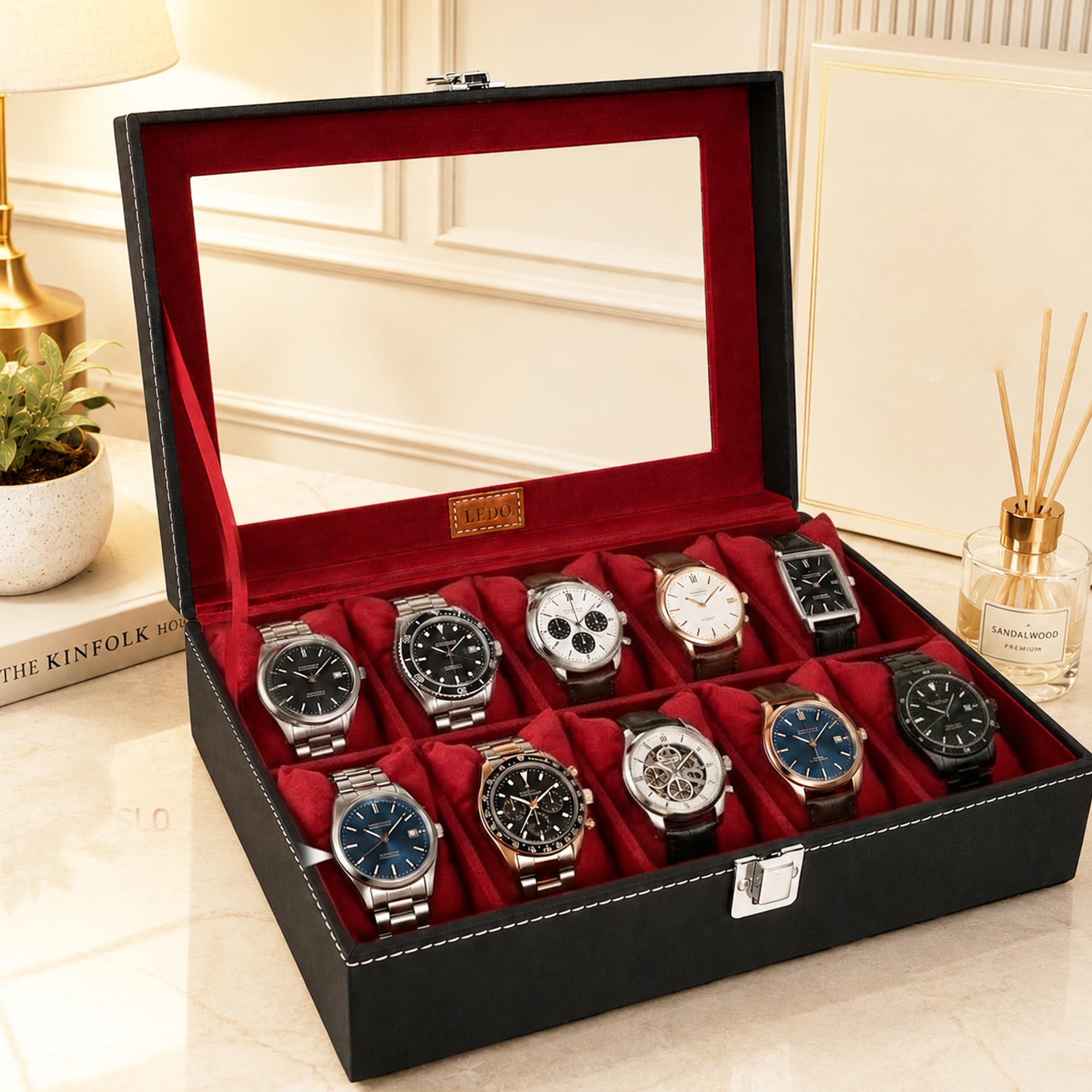 LEDO Leather Men's and Women's Watch Box Organizer Case In 10 Slots of watches In Black color (BlackandCherry)