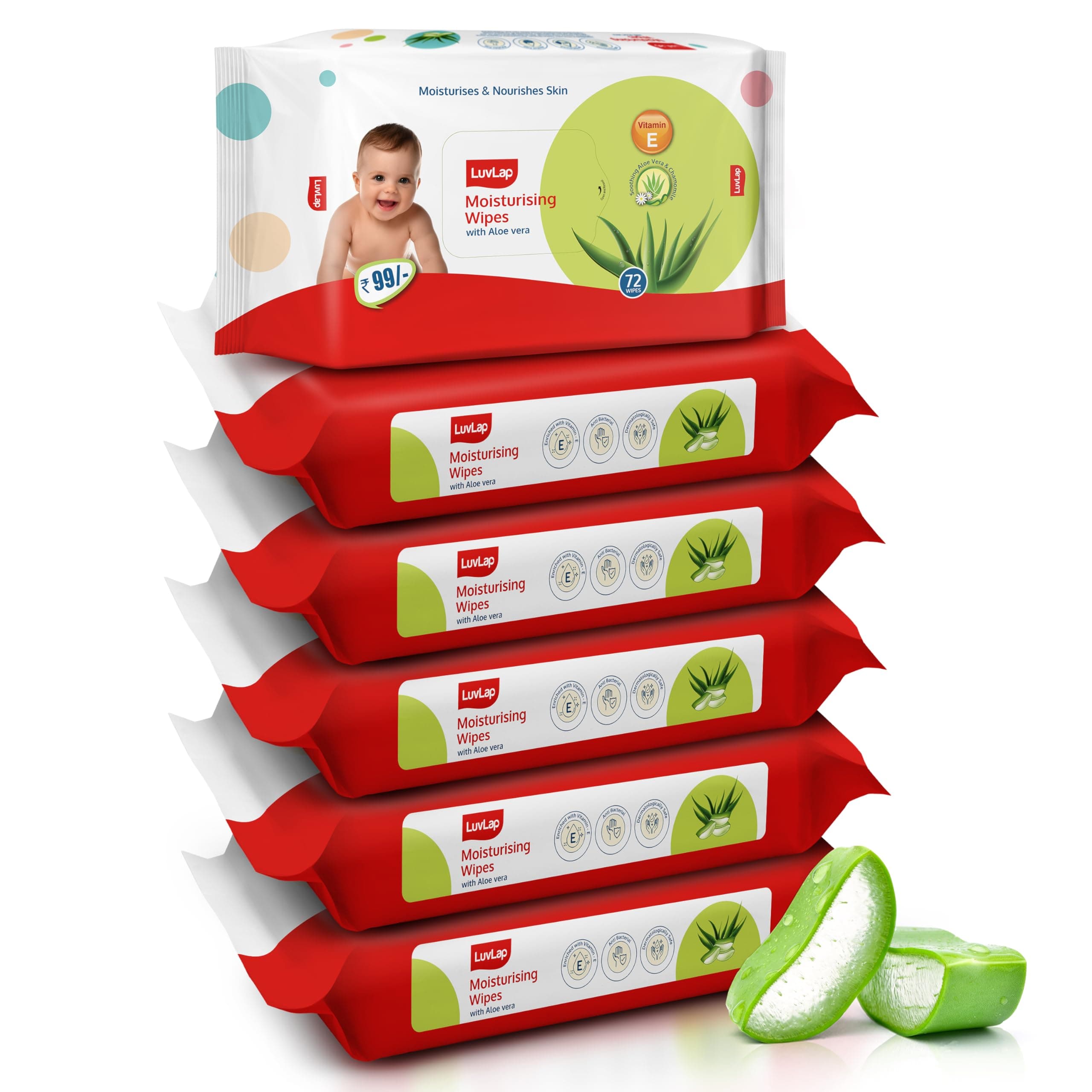 LuvLap Moisturising Wet Wipes without Lid For Baby Skin, Enriched with Aloe Vera, Vitamin E & Chamomile Extract, pH Balanced, Dermatologically Safe, Paraben & Sulphate Free, 72 Wipes, pack of 6