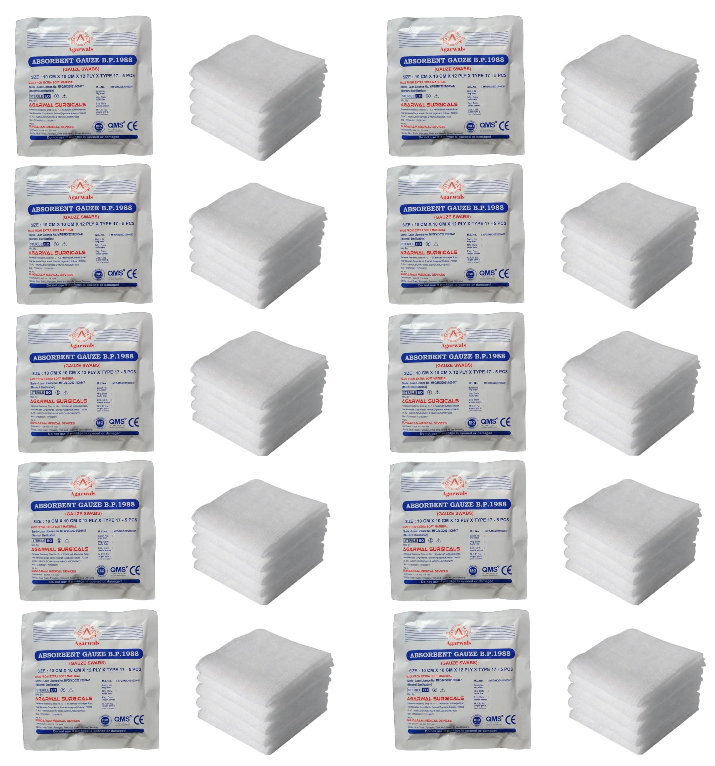 Agarwals Absorbent Gauze Swabs Sterile 10 cm X 10 cm X 12 ply (5Pcs/Pack)(Pack of 10 i.e. 50 Dressings)