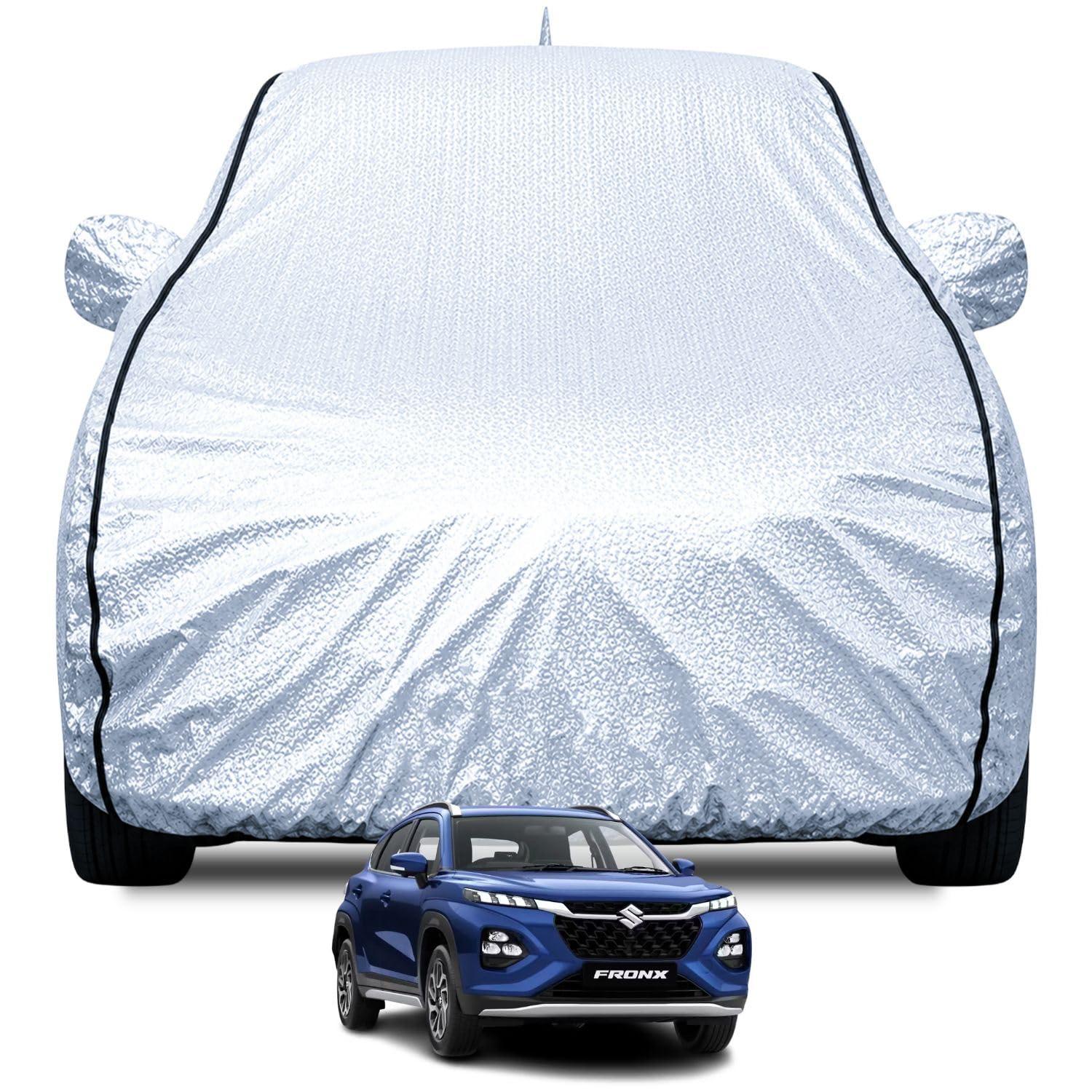 FABTEC Waterproof Car Body Cover for Maruti Fronx with Mirror and Antenna Pocket, Soft Cotton Lining, Triple Stitched (Heat Resistant Metallic Silver with Black Piping)