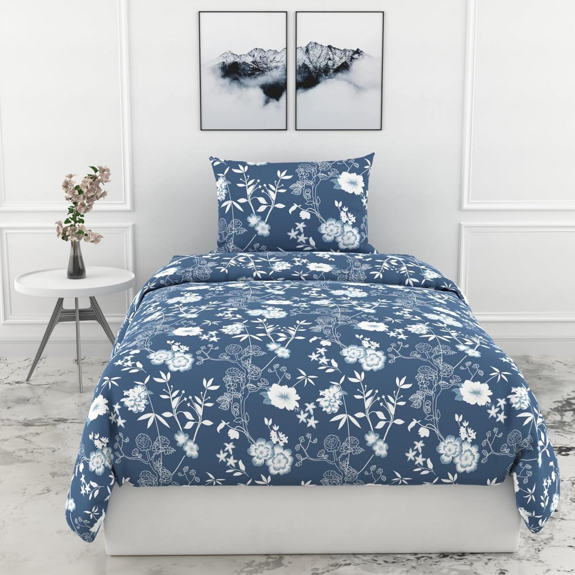 LORETO - A QUALITY LINEN BRAND 100% Pure Cotton Bedsheet for Single Bed, 144TC Soft & Breathable Single Bed Sheet with Pillow Cover (Indigo Blue Vine Blooms, 54 x 84 Inches)